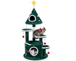 COSTWAY Krabpaal 127 cm Kattenboom Kerst met Ster Sneeuwvlok Kattenkrabpaal van Pluche Katten Toren met 6 Speelballen voor Katten
