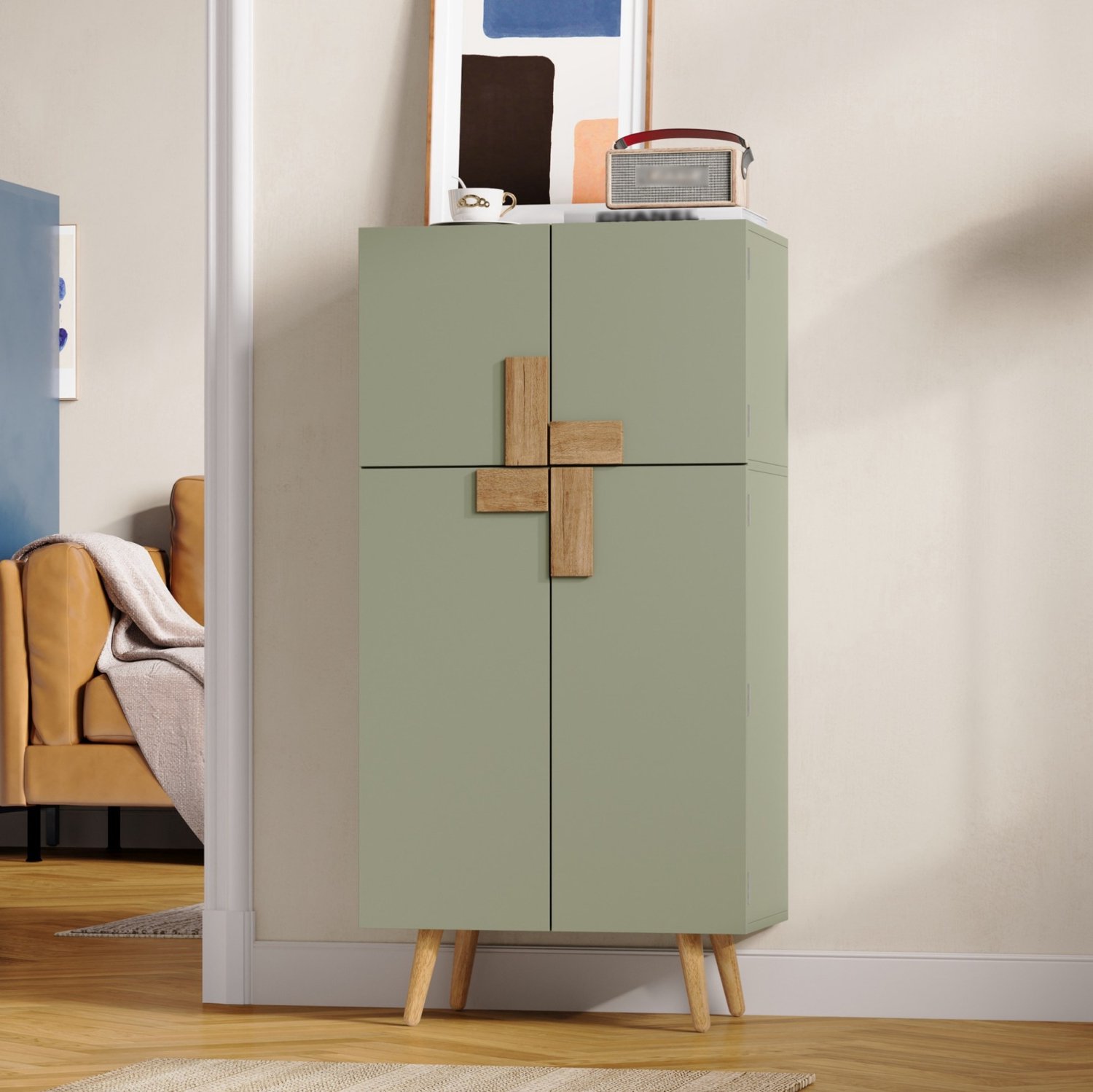 OKWISH Keukenkast – Hoge Opbergkast Met 4 Deuren – Verstelbare Legplanken – Voor Keuken En Woonkamer – MDF Groen – 60 x 35 x 120 Cm