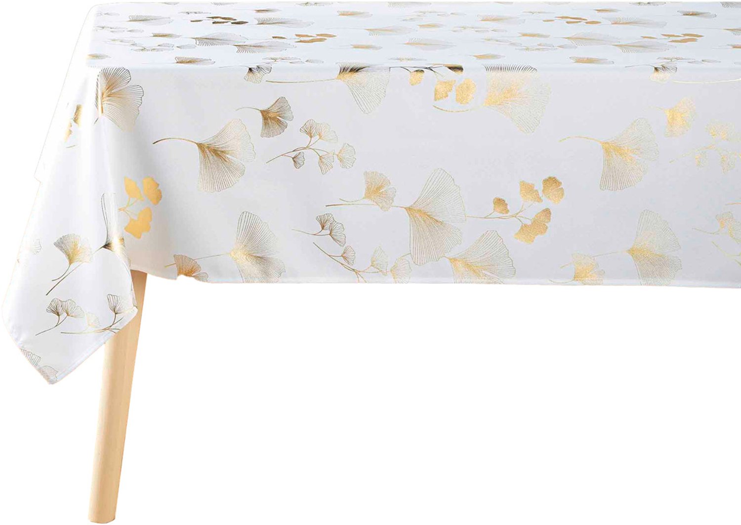 Douceur d'intérieur - Rechthoekig tafelkleed BLOOMY, wit, gouden ginkgo
