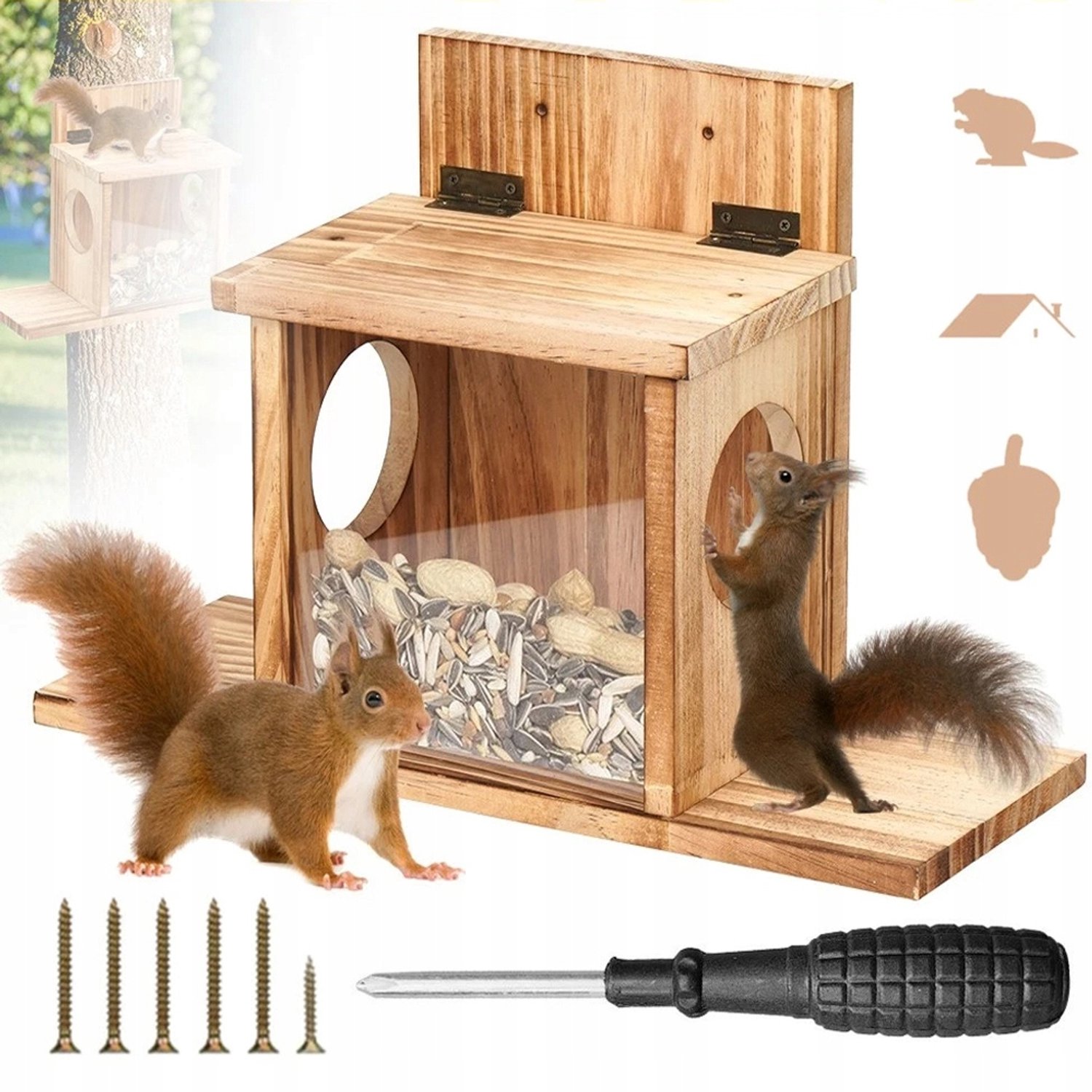 Eekhoornvoeder - Eekhoorn Voederhuis - Houten Voederbak Voor Chipmunks - Voedselkastje Voor Eekhoorns - 35x24x12,5cm - Hangend - Transparant Kijkvenster & Klapdeksel - Voor Buiten