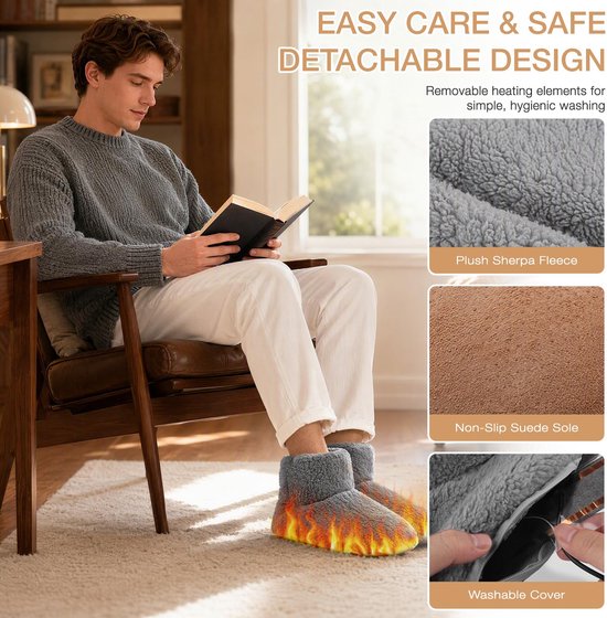 Man met grijze verwarmde pantoffels; toont sherpa-fleece, suède antislipzool en uitneembaar verwarmingselement.