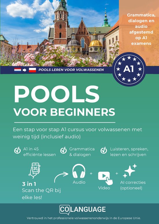 Cursusboek Pools voor beginners A1 met audio, grammatica en video's, inclusief QR-codes voor lessen.