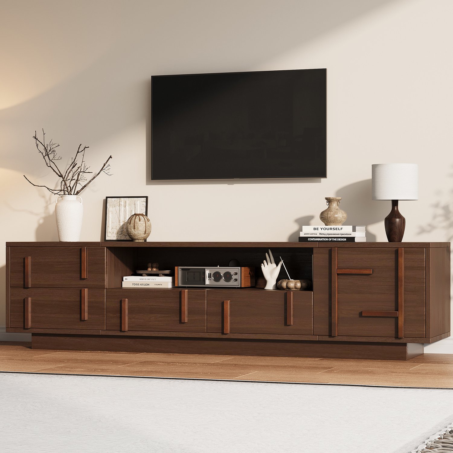 DESMIU Tv-Meubel - Tv-Kast Met 4 Laden, 1 Kastvak En 2 Open Vakken - Voor Woonkamer, Tot 75 Inch - MDF - Walnootkleur - 180 x 40 x 45 cm Walnootkleur, donkerbruin