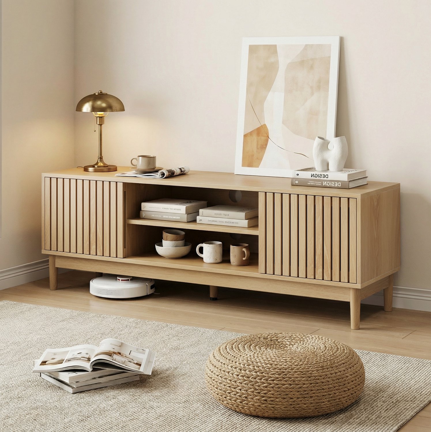MODENUIT Tv-meubel - Opbergruimte en Lamellendeuren - Woonkamer - Mdf en Spaanplaat - Eikenkleur - 140x39x48 Cm