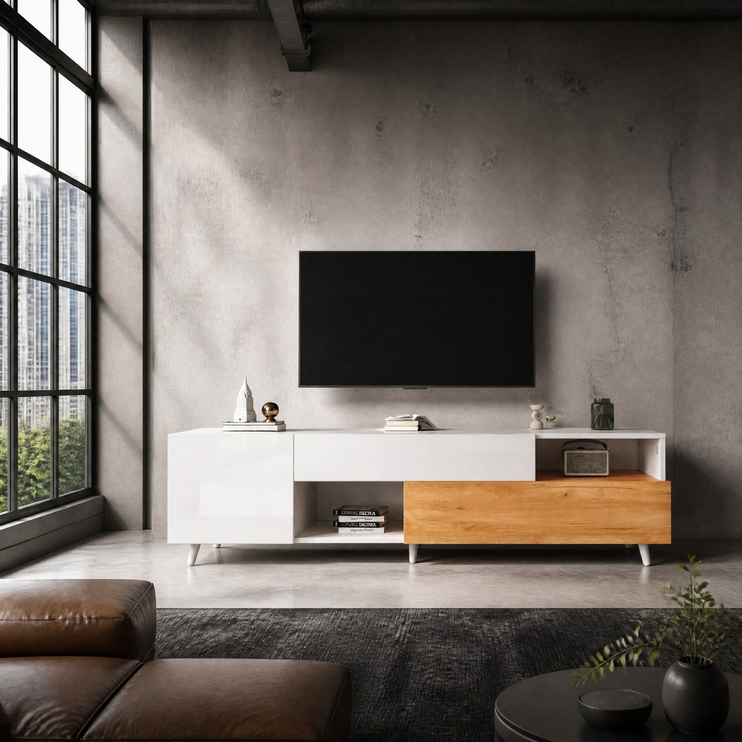 Maisentiel Tv-meubel 180 cm breed - wit en houtkleur - hoogglans front - met lade Wit en naturel houtkleur