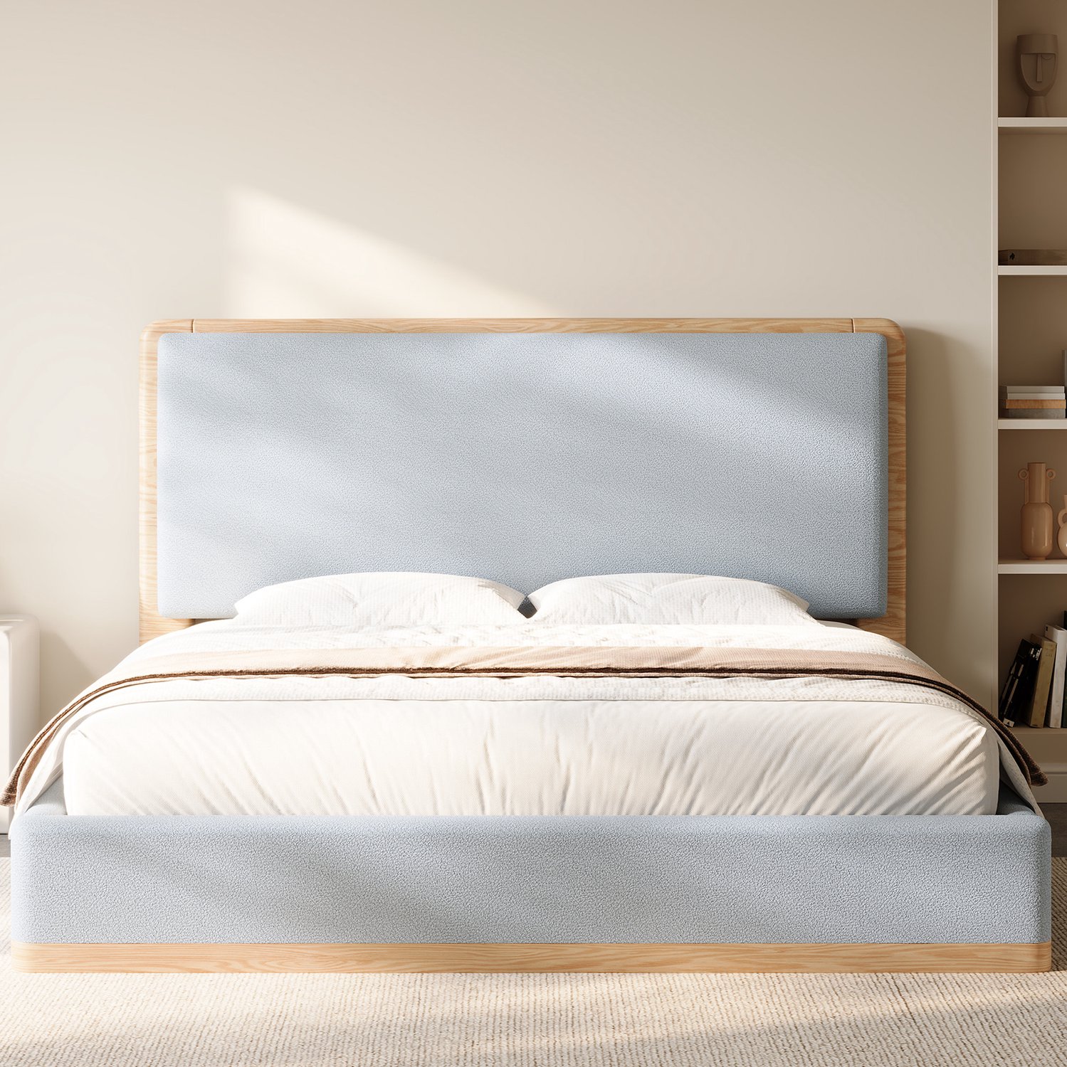 FloraGrace Gestoffeerd Bed 180x200 cm - Hoofdbord - Lattenbodem - Voor de Slaapkamer - Stof en MDF - Zonder matras - Grijs en Natuurlijke Houtkleur