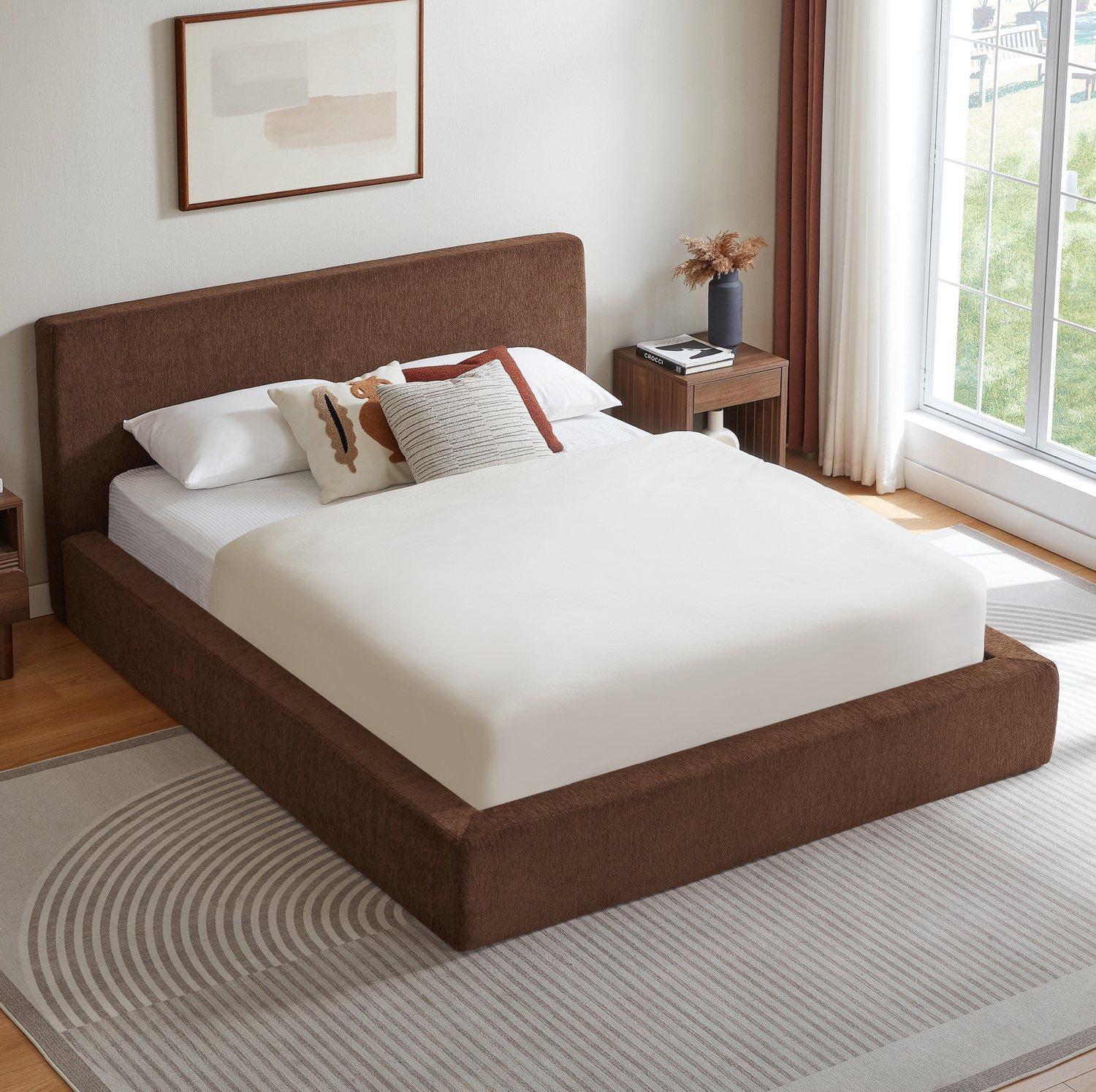 Wishdor Tweepersoonsbed 160x200 cm - Gestoffeerd hoofdbord - Versterkt stalen frame - Lattenbodem zonder boxspring - Minimalistisch voor slaapkamer - Zonder matras - Bruin