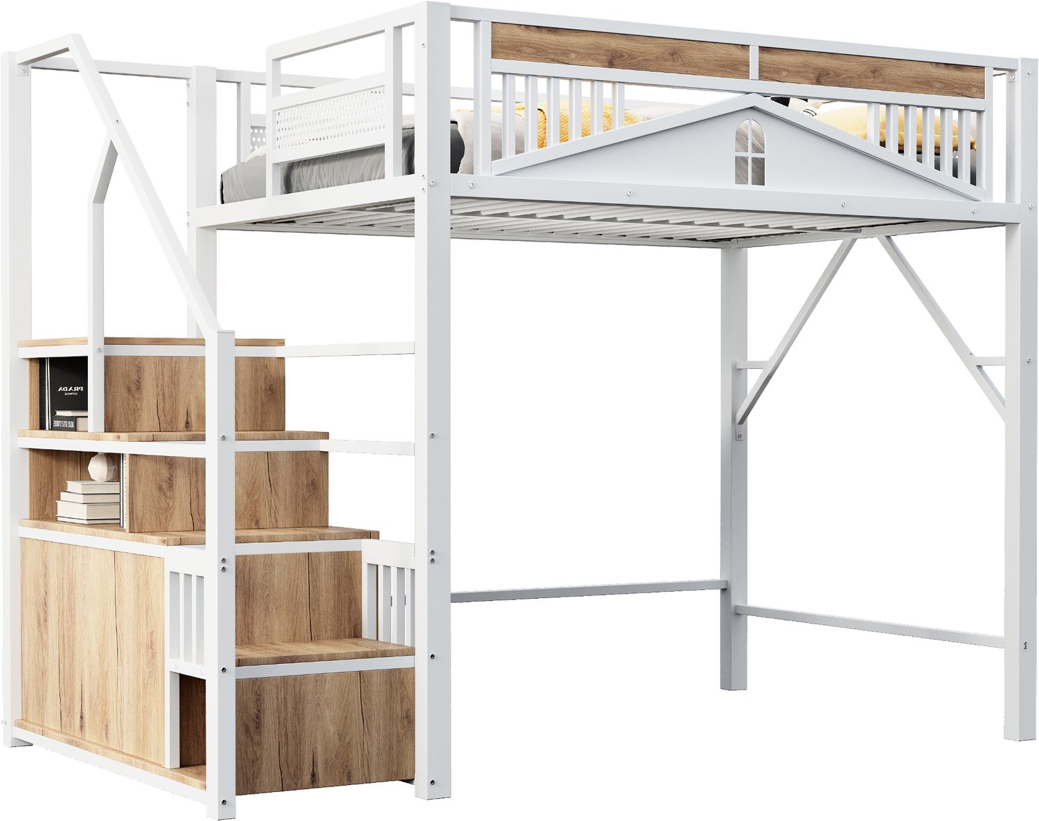 MUVANO Witte metalen hoogslaper 140x200 cm - Opbergtrap en kastje - Veiligheidshek met raamvorm en houten spijlen - Slaap- en speelruimte in de kinderkamer