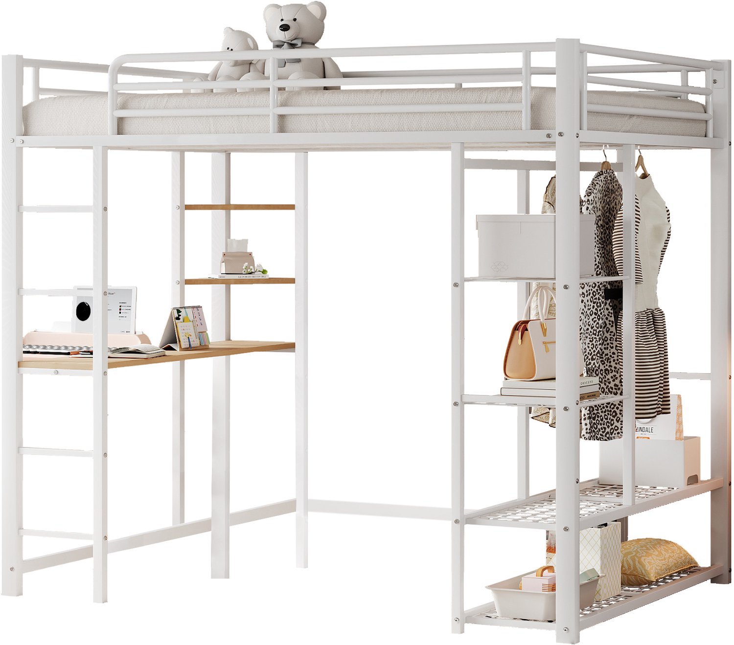 MUVANO Metalen hoogslaper 140x200 cm - Tweepersoonsbed met bureau en ladder - Open kledingkast en opbergvakken - Met lattenbodem - Slaapkamer - Wit