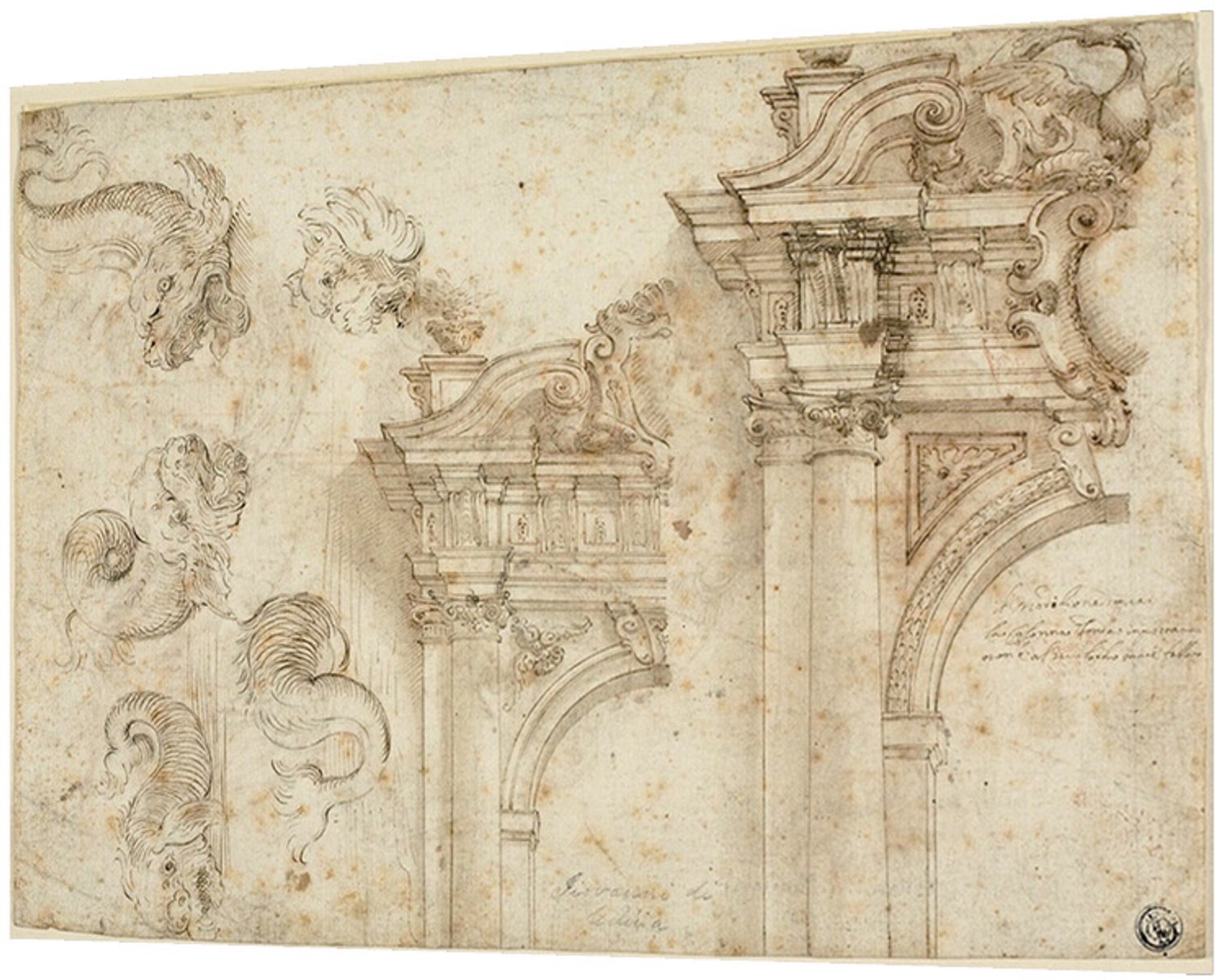 Printen.eu Poster - Sheet of Sketches: Sea Monsters and Elaborate Portals (recto); Sketches of Architectural Details (verso) - 16 x 11.2 cm Multicolor