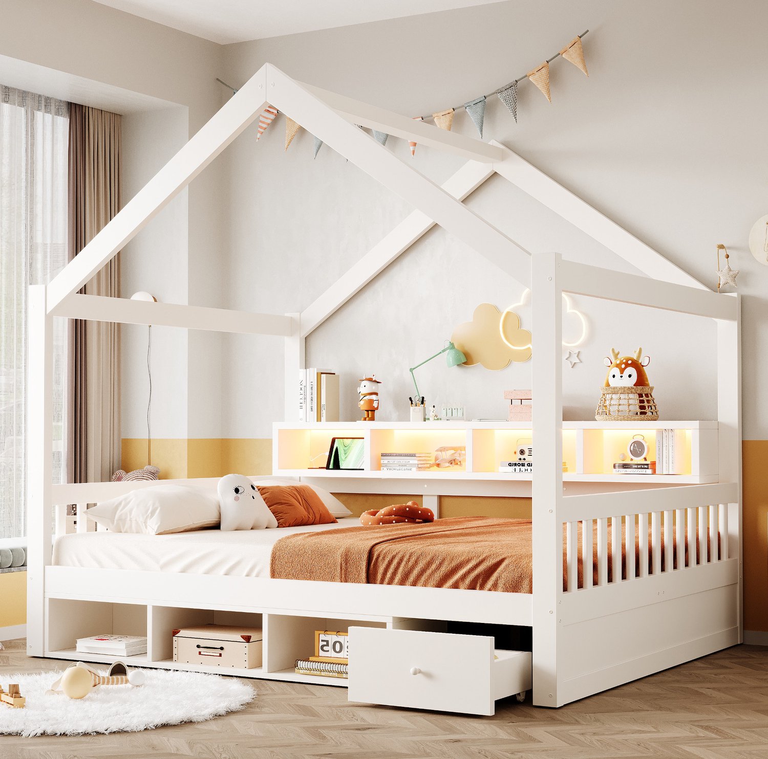 MODFU Huisbed - Dakframe En Opbergruimte - Met Lattenbodem - Hout En MDF - Wit - 140 × 200 cm