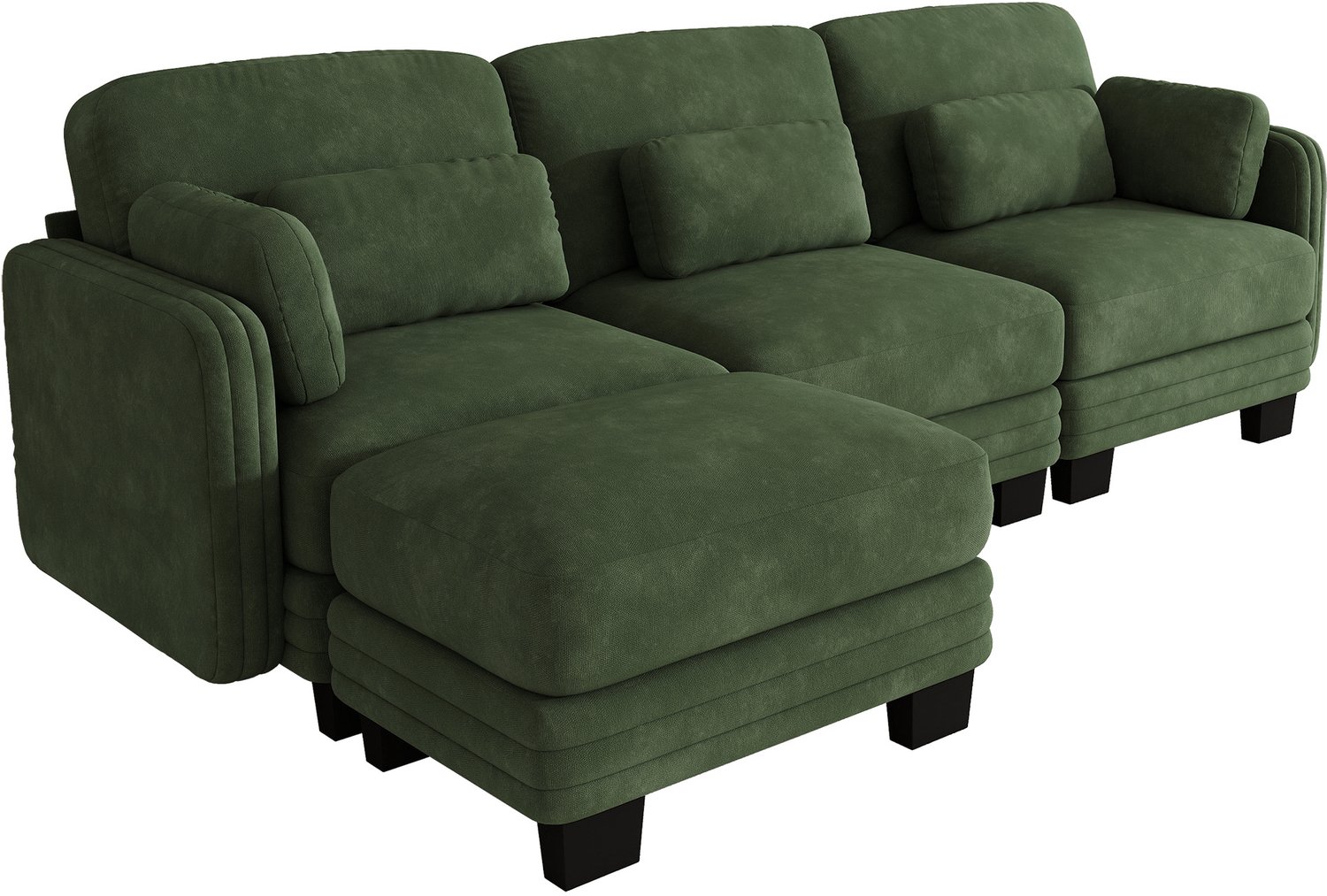 Wishdor 3-zits hoekbank - Modulaire L-vorm met losse voetenbank - Verplaatsbare lenden- en armkussens - Diepe zitting - Chenille bekleding - Woonkamer appartement - Groen - 253 x 143 x 88 cm
