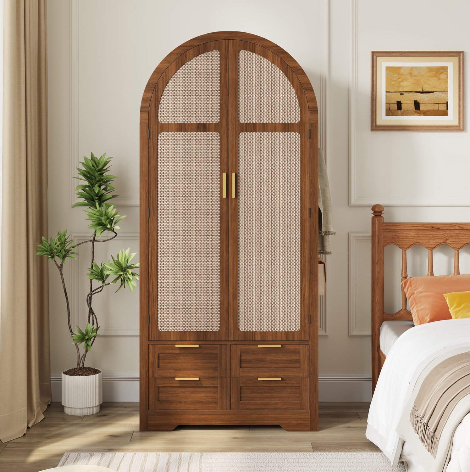 REDOM Kledingkast 80x50x180 cm - Gebogen deuren met rotan, kledingroede en lades - Walnootkleur