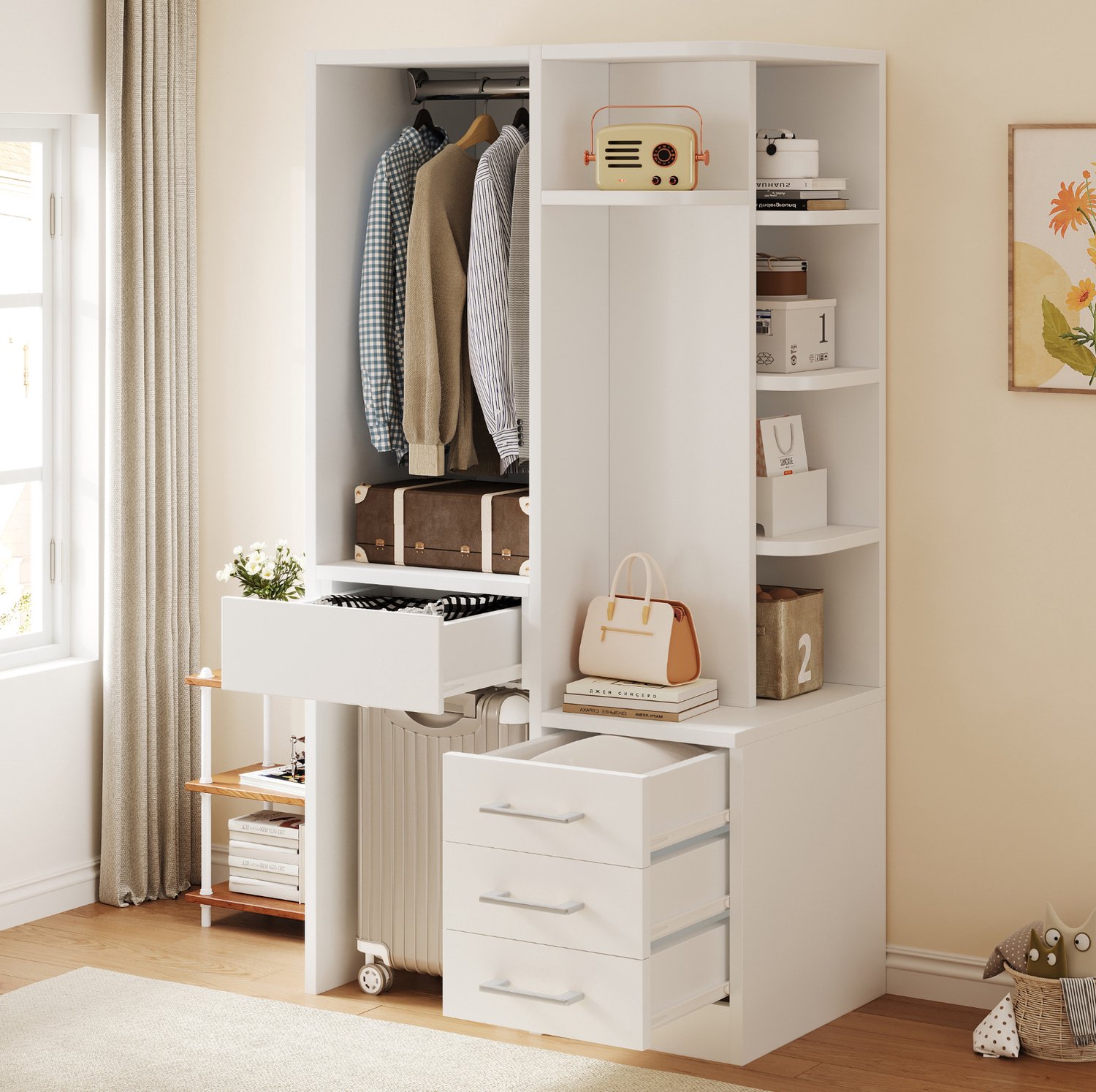 REDOM Kledingkast 70 x 45 x 135 cm - Open hanggedeelte en vakken - 3 lades - Wit