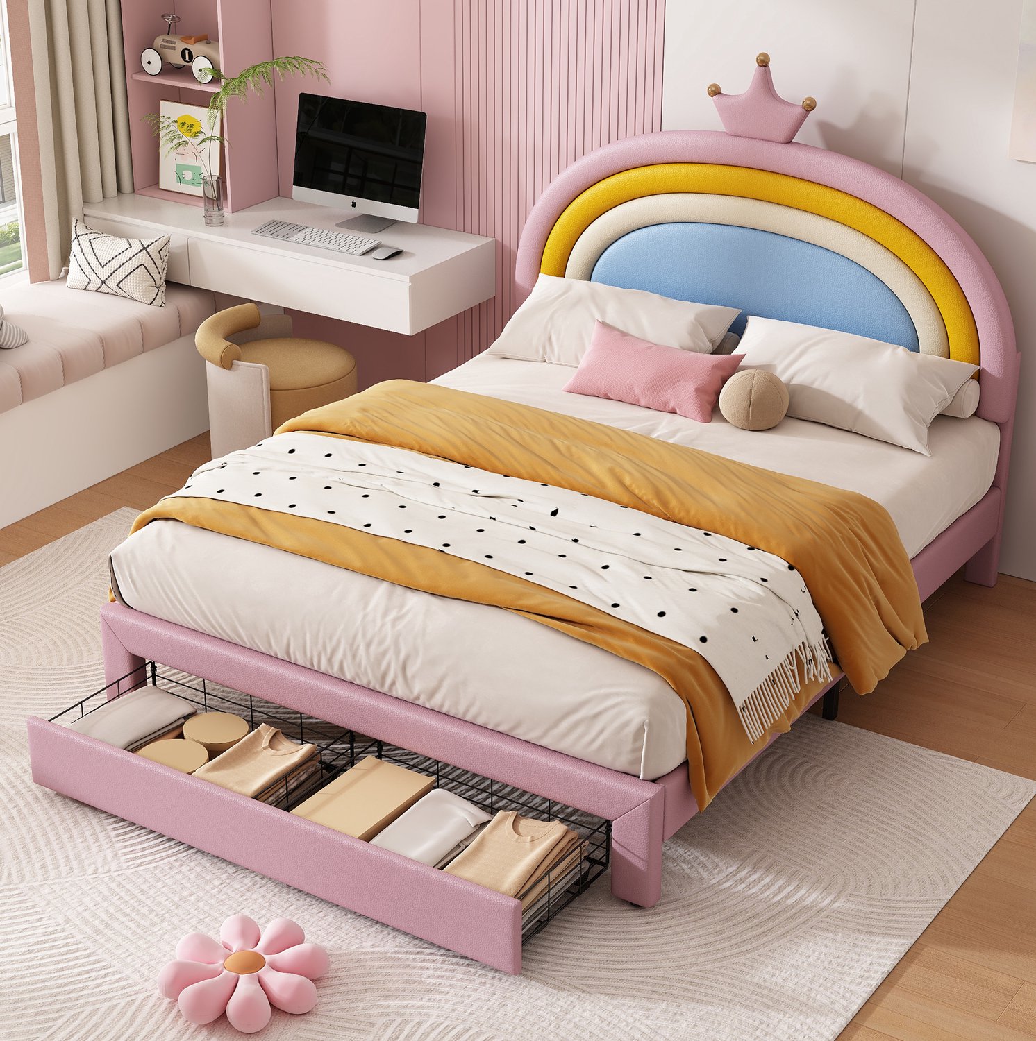 Maisentiel Roze kinderbed 140 x 200 cm met regenbooghoofdbord en opberglade