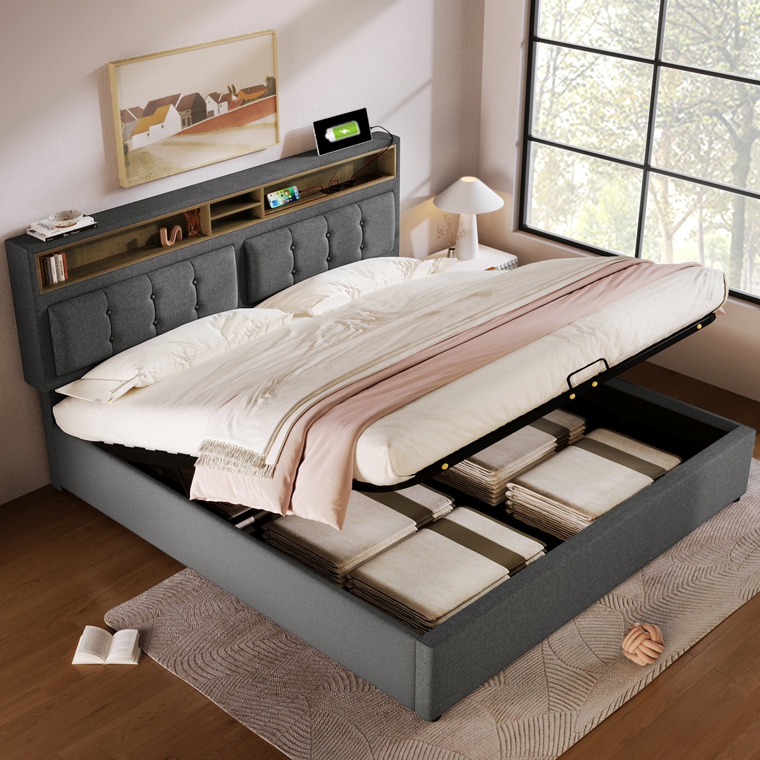 Vovtenza Gestoffeerd tweepersoonsbed met USB-C-oplaadpoort - hoofdeinde - opbergruimte in het bed - bedframe van linnen - kinderbed 140x200 met lattenbodem (zonder matras) Grijs