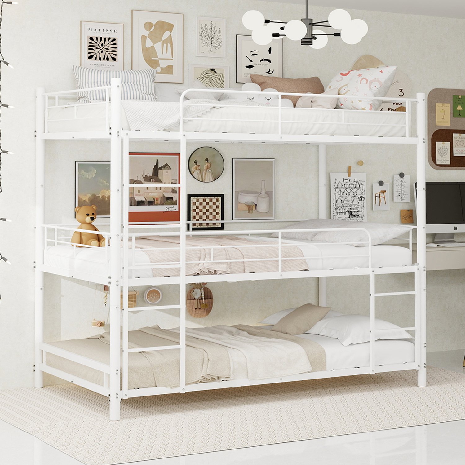 Clruro Stapelbed - 90x190 cm - 3 Slaapplaatsen - Ladder en Veiligheidshekken - Metaal - Wit