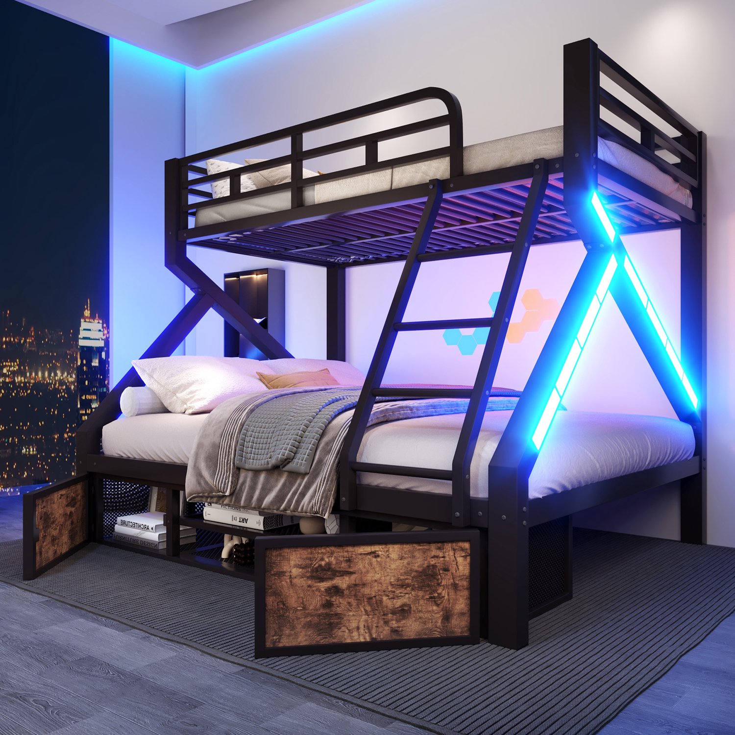 Zubaliya Stapelbed - 90 x 200 / 140 x 200 cm - Zwart - MDF, metaal - Opbergruimte