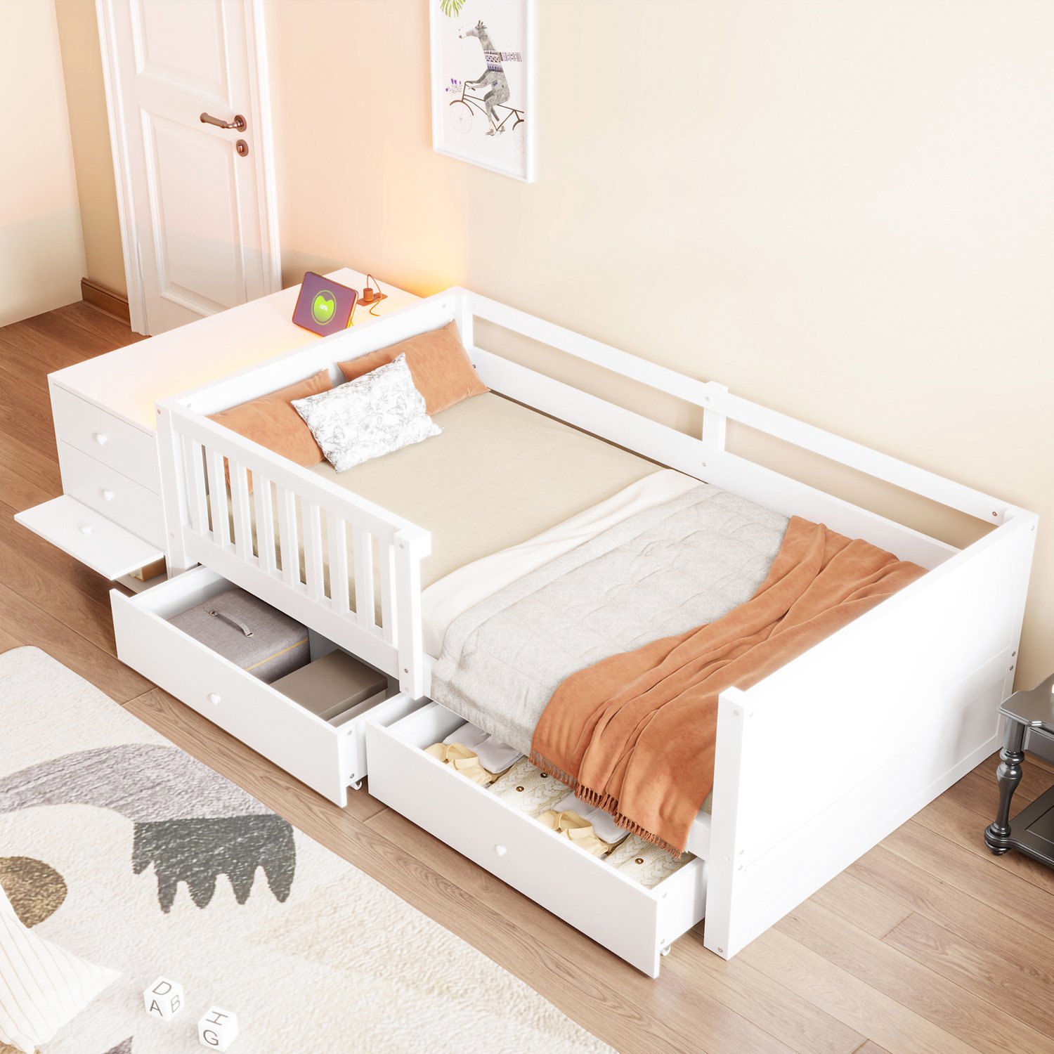 Zubaliya Bedframe - 90 x 200 cm - Wit - hout - LED-verlichting - Bureau - Lades