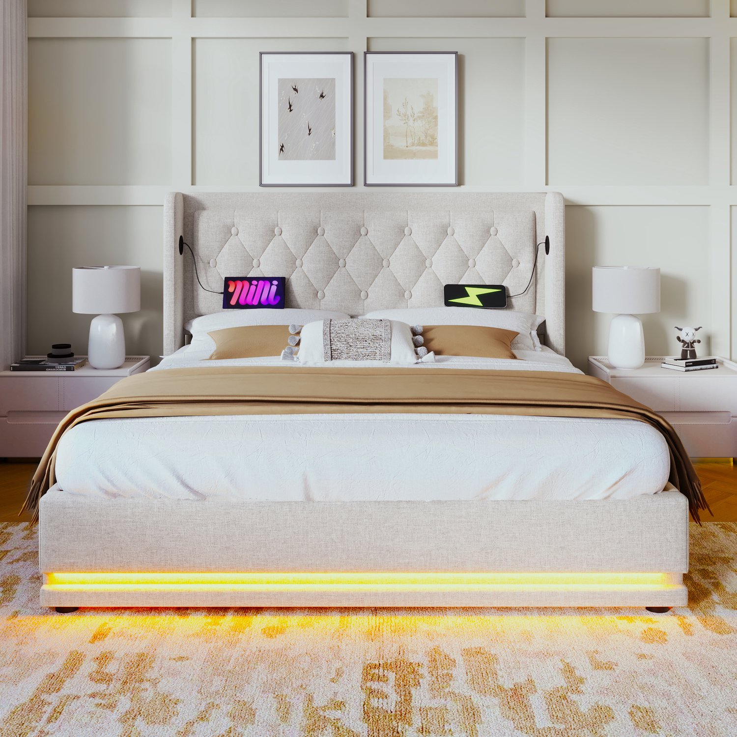 MUVANO Beige gestoffeerd opbergbed 140x200 - Tweepersoonsbed - Hydraulisch - Katoen en staal - USB-C en ledverlichting - Met hoofdbord voor slaapkamer