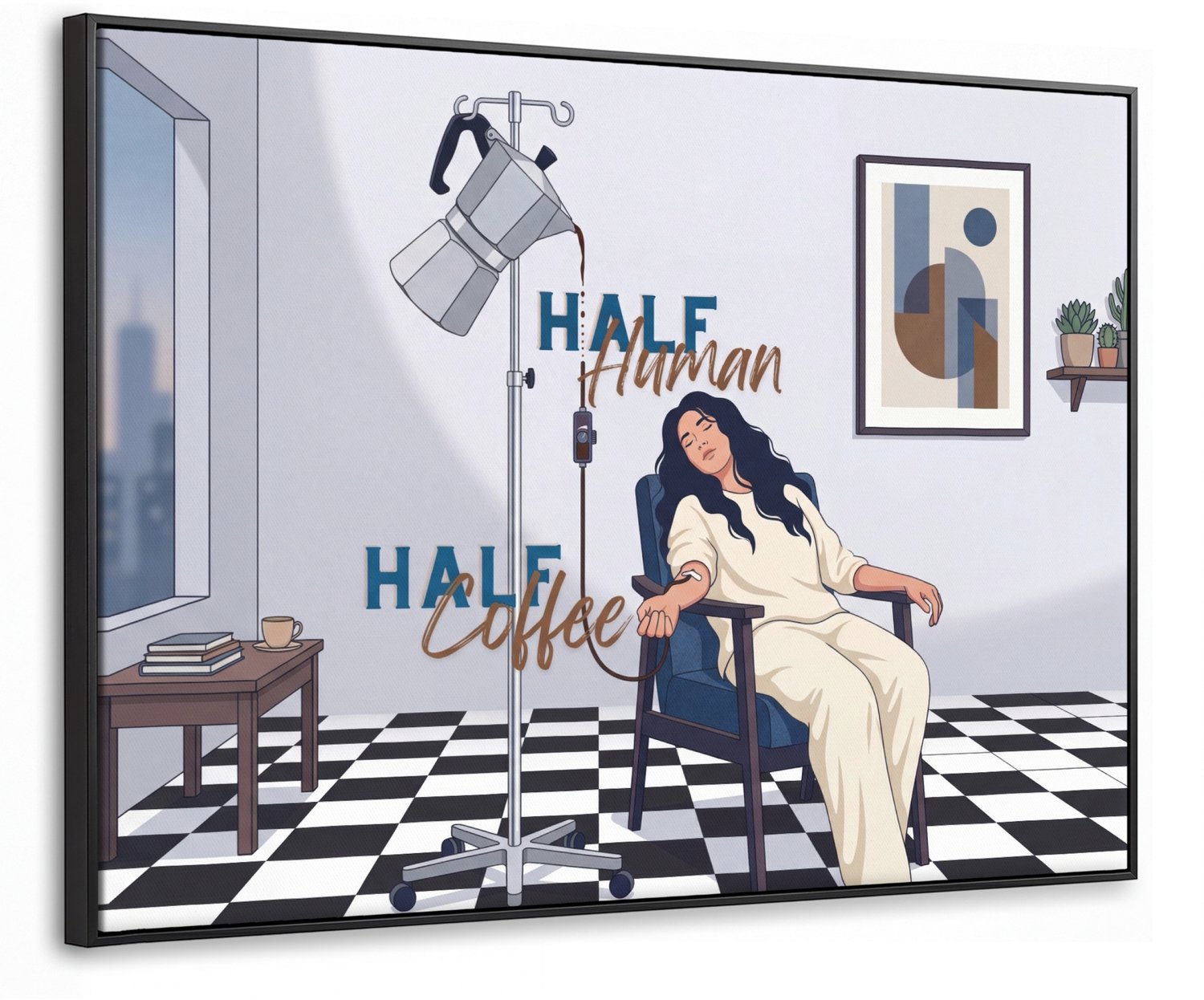 Canvas Schilderij met Baklijst 70x50cm - Half human, Half Coffee - Infuus - Koffie - Muurdecoratie woonkamer - Slaapkamer decoratie - Kamer accessoires - Schilderijen op canvas met lijst