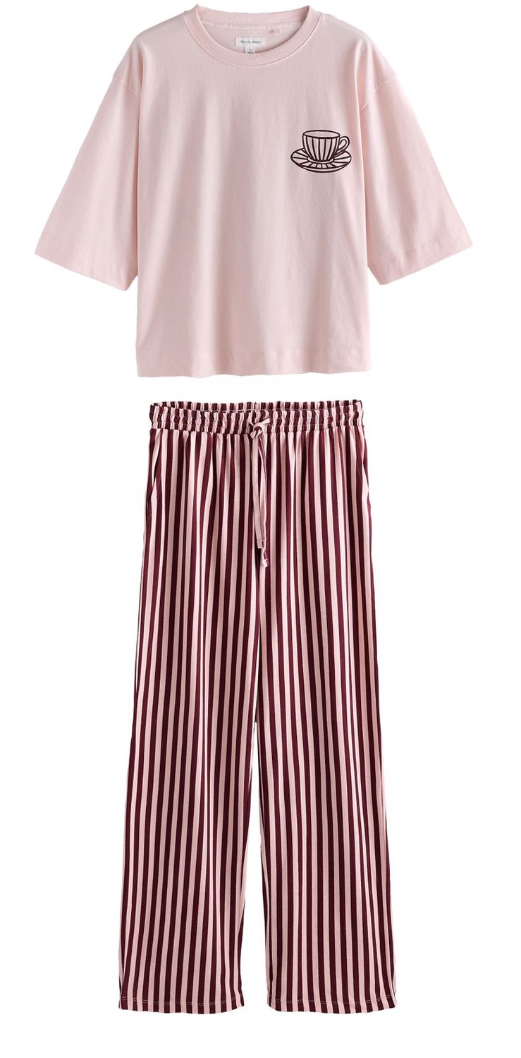 Next Dames - Pyjama met korte mouwen en grafische print - Roze Pink Stripe Tea