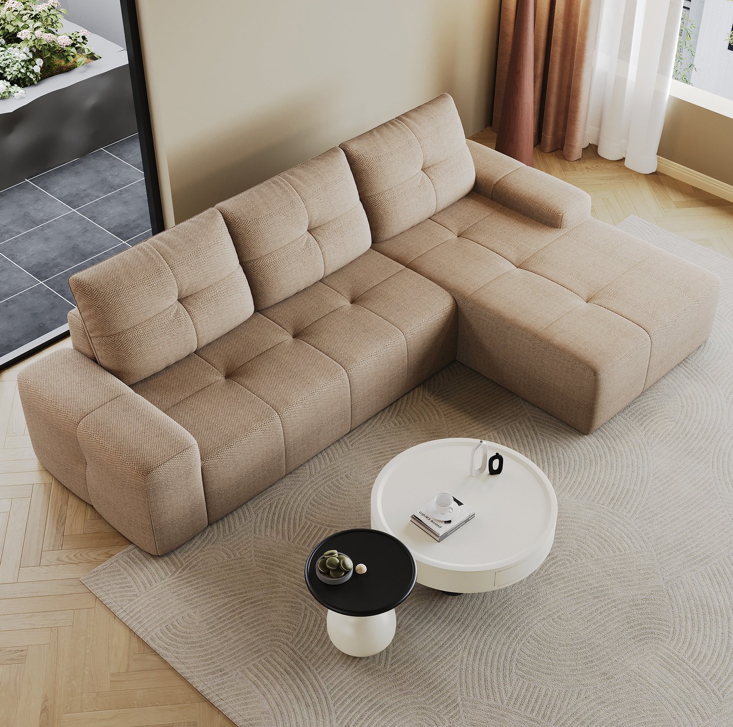MODENUIT Hoekbank 262 x 172 x 82 cm - L-Vormige 3-Zitsbank met Schuimvulling - Woonkamer - Stof - Khaki