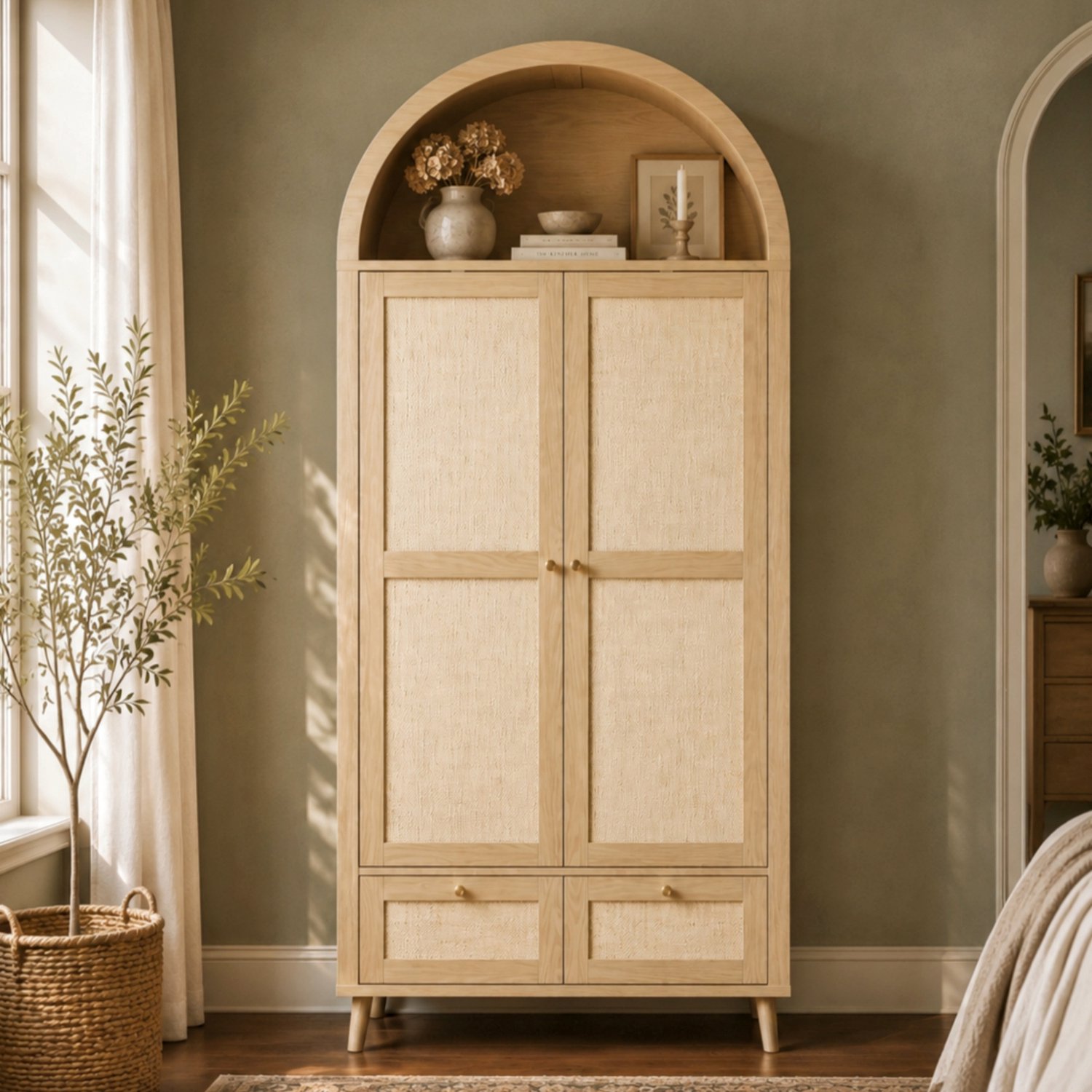 Vovtenza Kledingkast met 2 deuren en 2 lades - 180 cm hoog - eikenhoutnerf gecombineerd met beige rotanstructuur - gebogen vorm - kledingroede en open plank - eiken + beige tinten