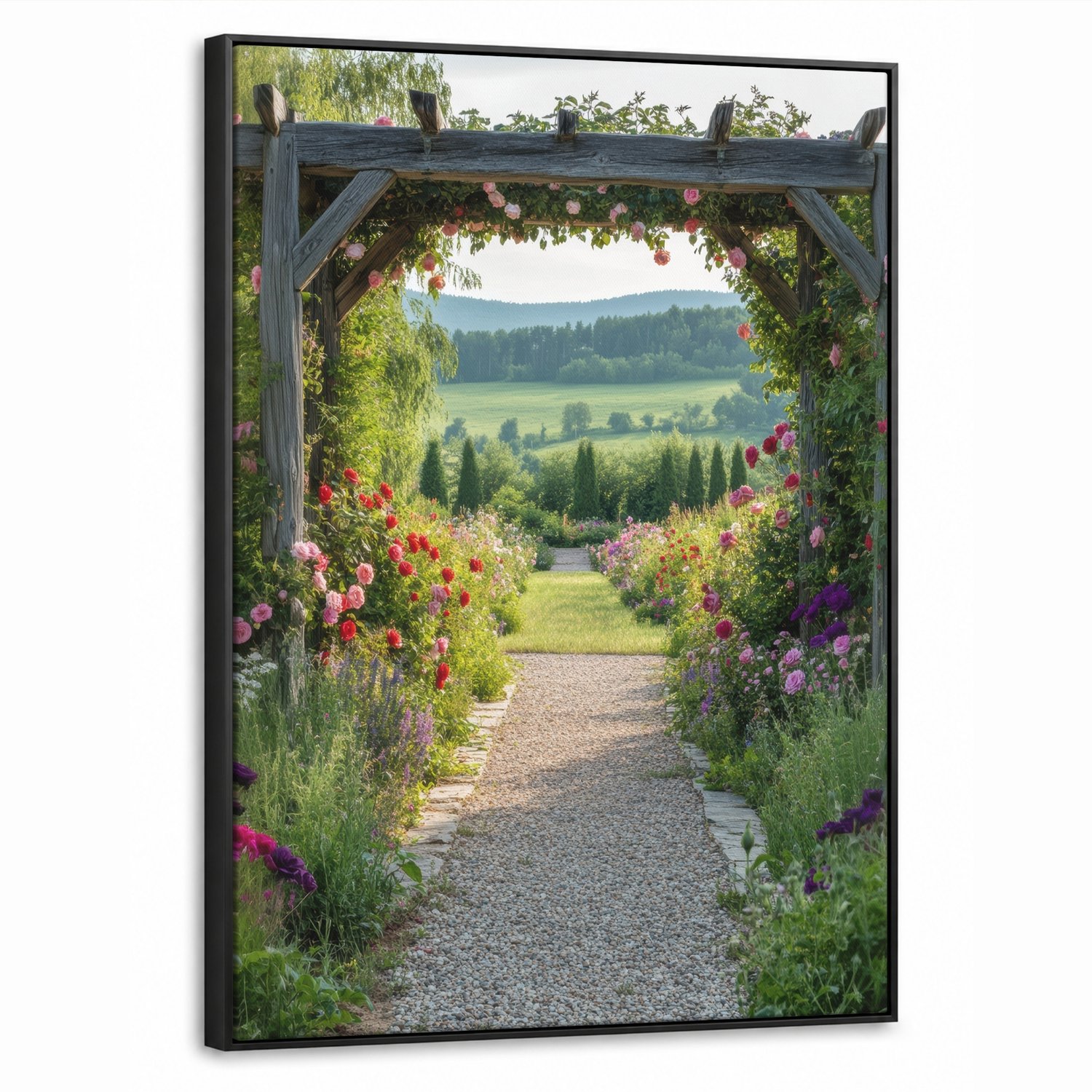 Canvas Schilderij met Baklijst 60x80cm - Doorkijk - Landschap - Natuur - Tuinboog - Bloemen - Muurdecoratie woonkamer - Slaapkamer decoratie - Kamer accessoires - Schilderijen op canvas met lijst