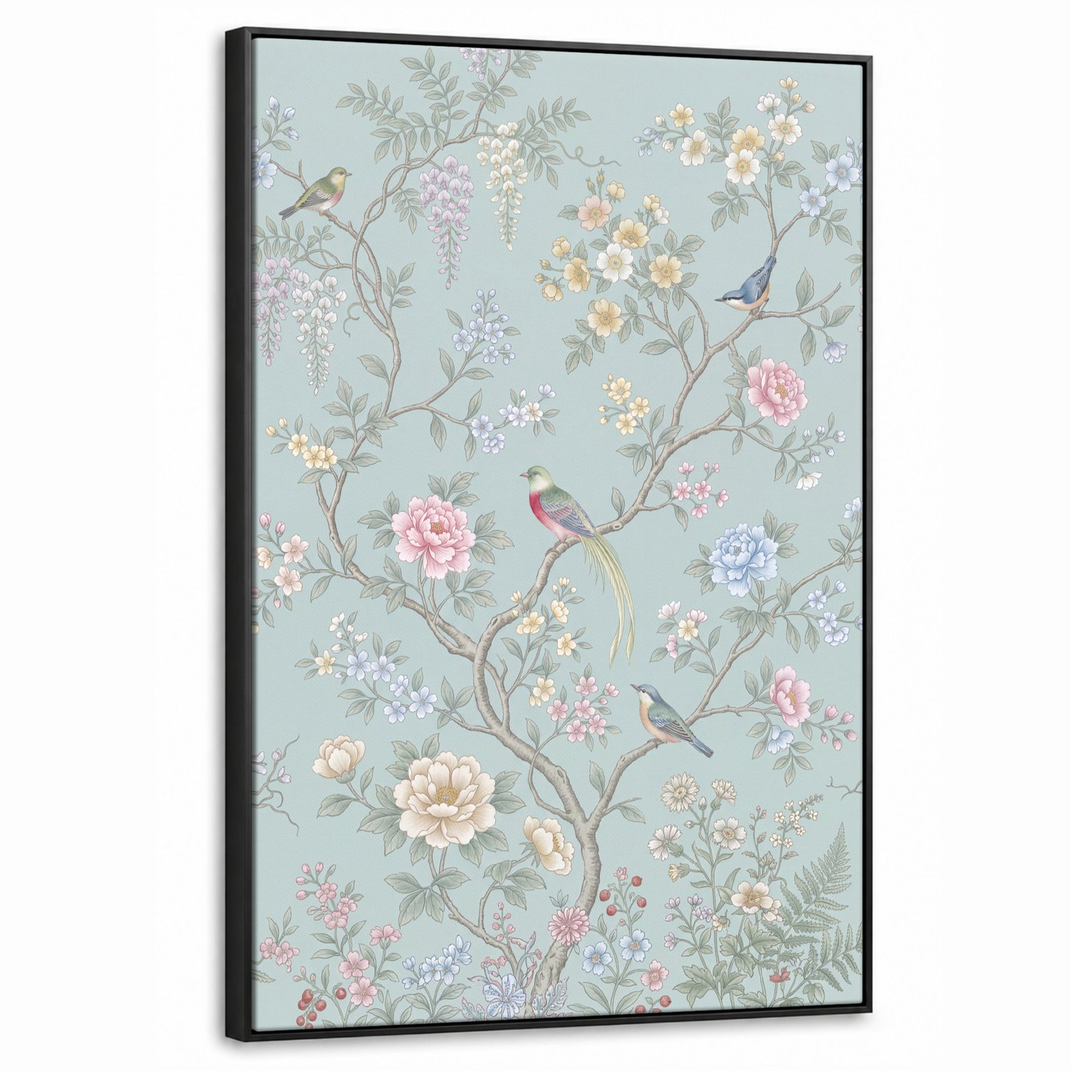 Canvas Schilderij met Baklijst 60x90cm - Vogel - Bloemen - Kleurrijk - Muurdecoratie woonkamer - Slaapkamer decoratie - Kamer accessoires - Schilderijen op canvas met lijst
