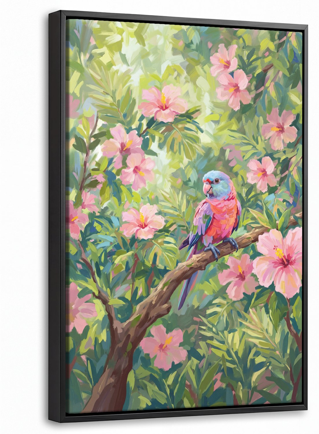 Canvas Schilderij met Baklijst 40x60cm - Papagaai - Hibiscusbloemen - Kleurrijk - Muurdecoratie woonkamer - Slaapkamer decoratie - Kamer accessoires - Schilderijen op canvas met lijst