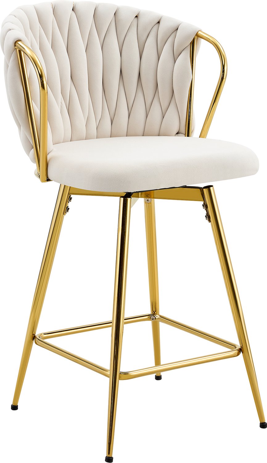 MUVANO Barkrukken set van 2 - Barstoelen met armleuningen - 360° draaibaar - Polyesterfluweel en goudkleurig metaal - Voor kookeiland - Crèmewit