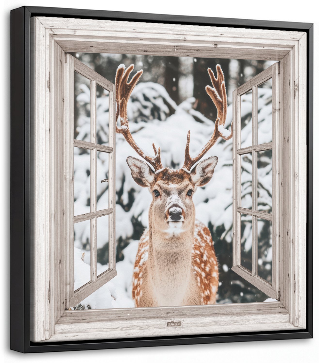 Canvas Schilderij met Baklijst 20x20cm - Doorkijk - Hert - Sneeuw - Winter - Bos - Dieren - Natuur - Muurdecoratie woonkamer - Slaapkamer decoratie - Kamer accessoires - Schilderijen op canvas met lijst