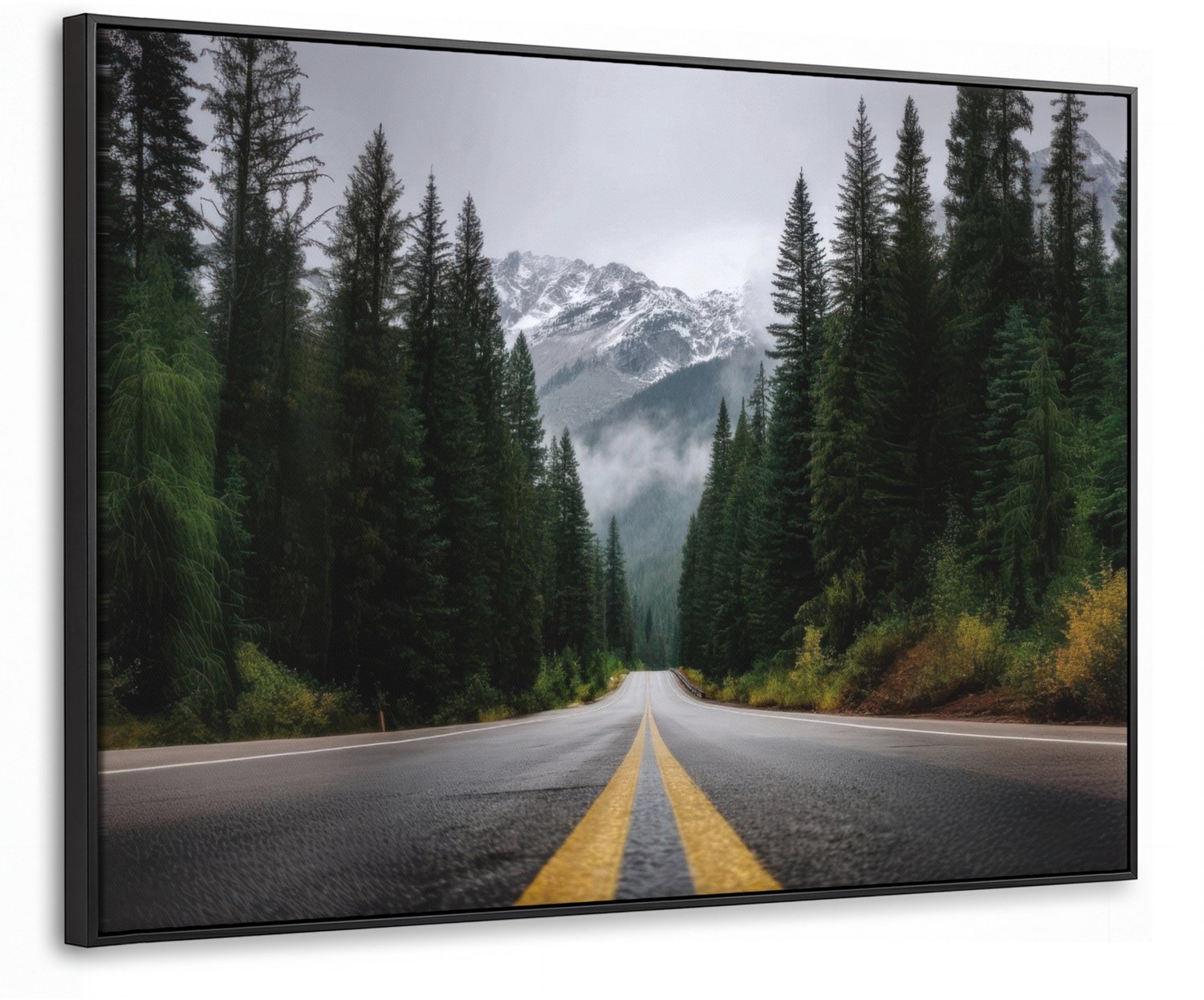 Canvas Schilderij met Baklijst 100x70cm - Sparrenbos - Weg - Bergen - Sneeuw - Muurdecoratie woonkamer - Slaapkamer decoratie - Kamer accessoires - Schilderijen op canvas met lijst