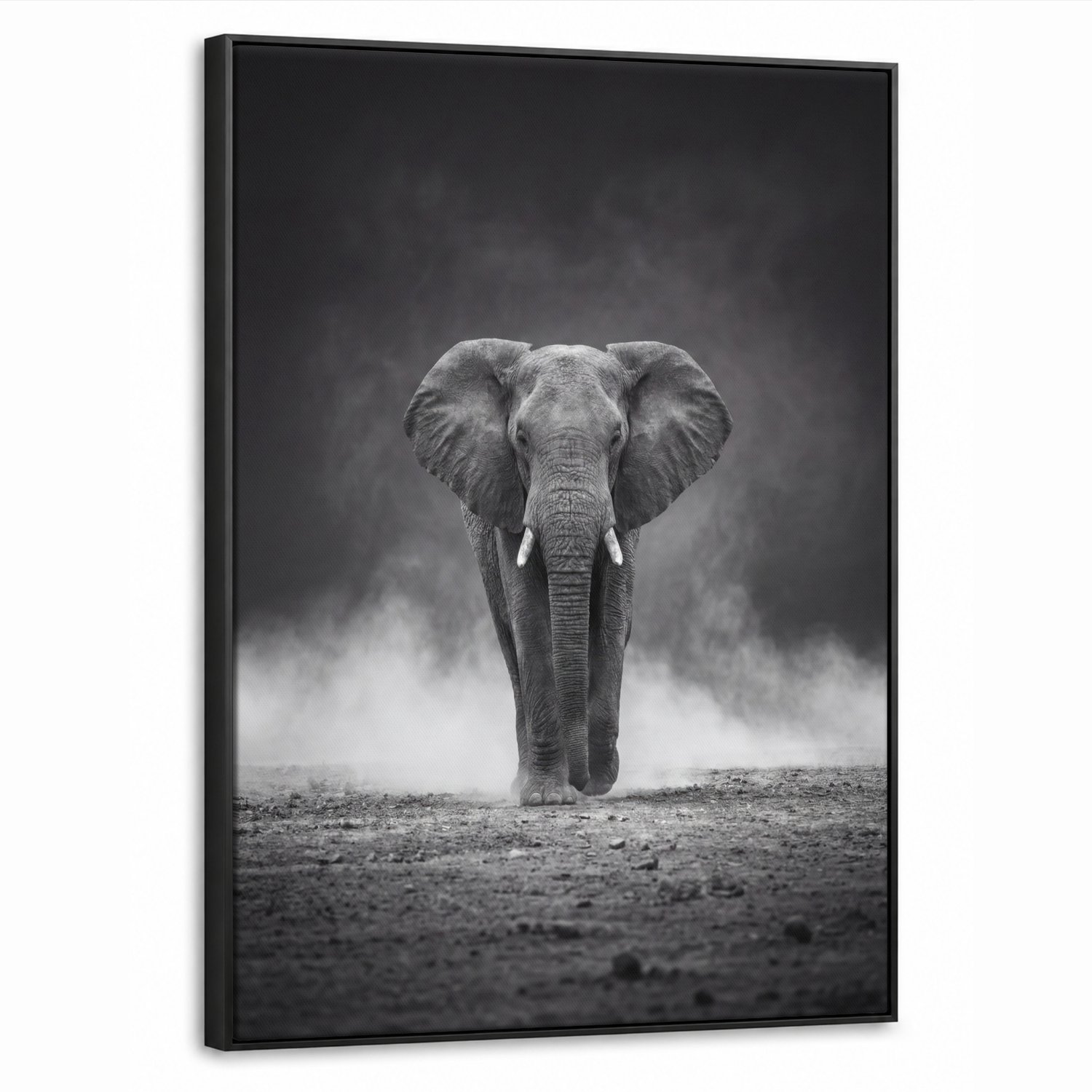 Canvas Schilderij met Baklijst 50x70cm - Olifant - Zwart - Wit - Rook - Muurdecoratie woonkamer - Slaapkamer decoratie - Kamer accessoires - Schilderijen op canvas met lijst