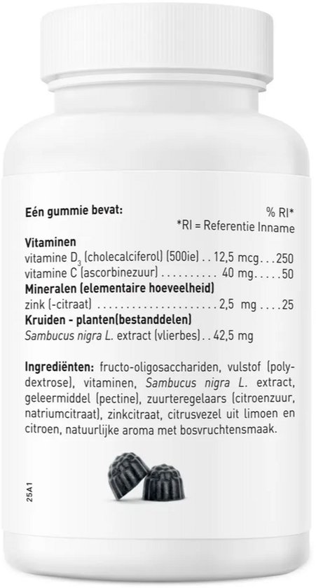Achterzijde pot Orthica met ingrediëntenlijst en tabel voor vitamine D3, C, zink en vlierbesextract.
