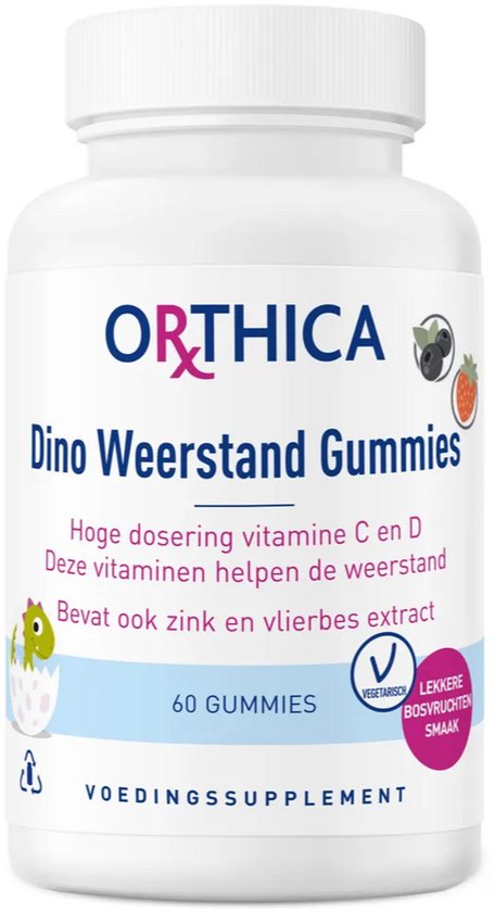 Pot Orthica Dino Weerstand Gummies met vitamine C, D, zink en vlierbes, 60 stuks, vegetarisch met bosvruchtensmaak.