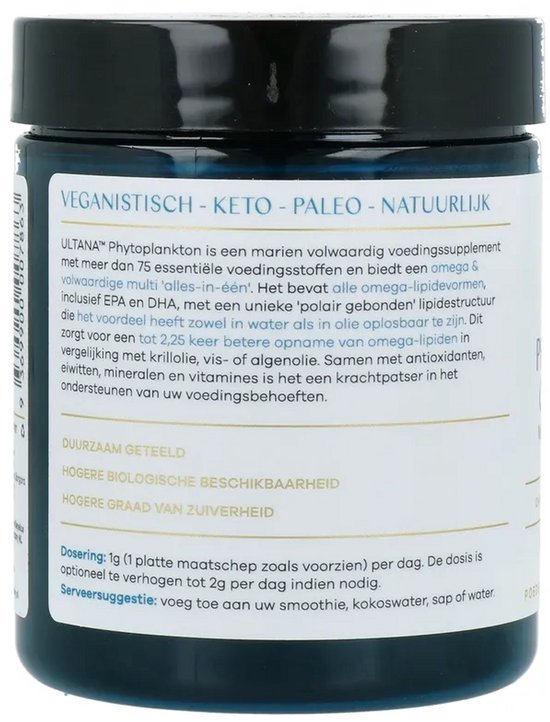 Donkerblauwe pot met etiket dat de voordelen van Ultana fytoplankton beschrijft: vegan, keto, paleo en natuurlijk.