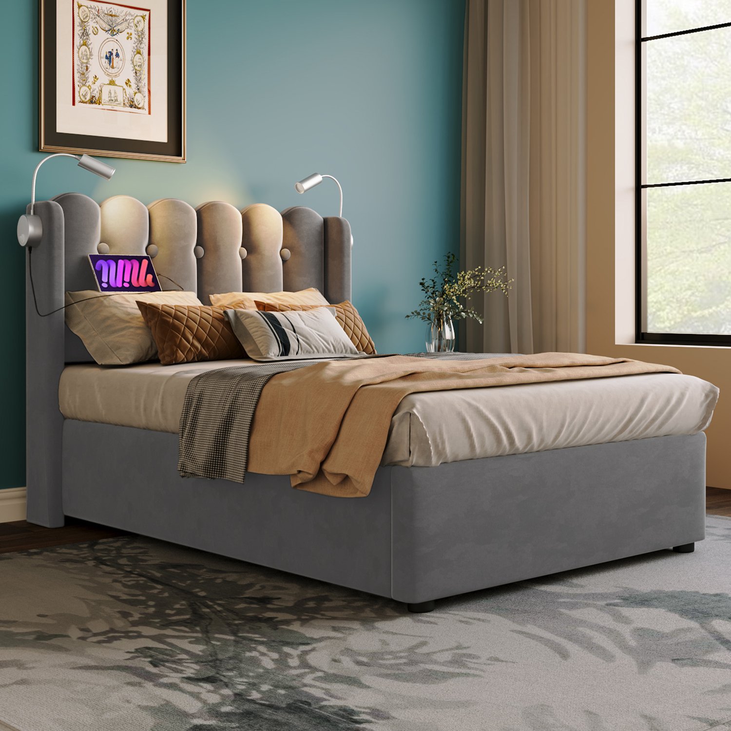 MUVANO Eenpersoonsbed 90x200 met matras - Opbergbed met gasveren - Leeslamp en USB - Fluwelen bekleding en lattenbodem - Voor de slaapkamer - Grijs