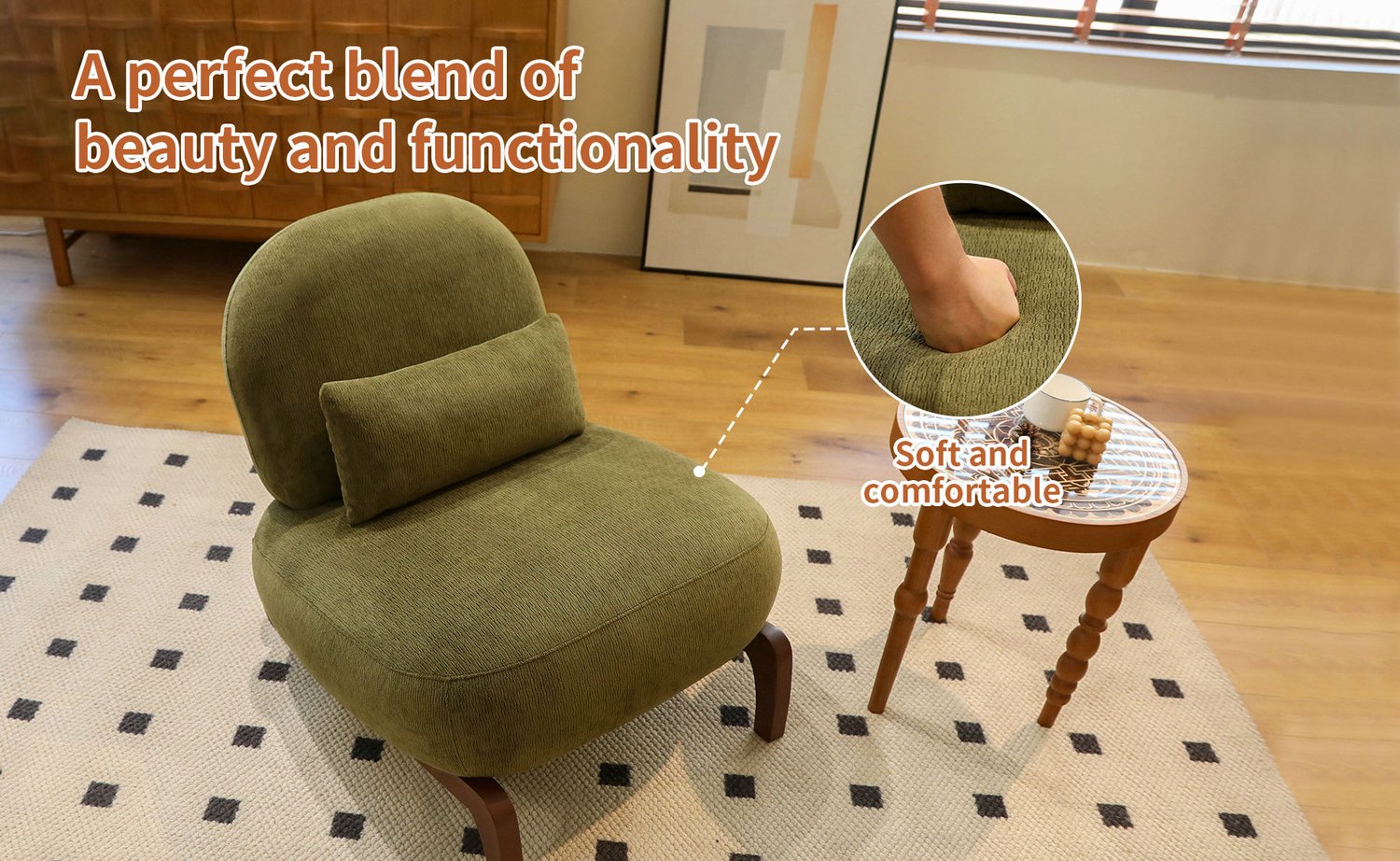 DESMIU Fauteuil 86,9 x 72,2 x 69,9 cm - Zonder Armleuningen met Zachte Zitting - Voor Woonkamer, Slaapkamer en Balkon - Fluweel en Hout - Groen