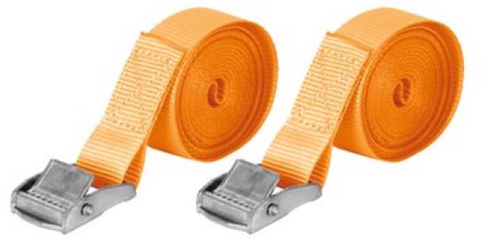 Twee oranje spanbanden met metalen gespen, opgerold.