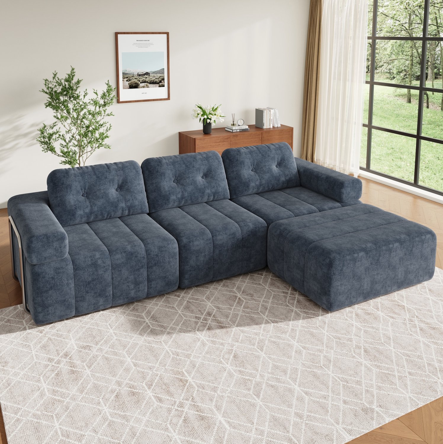 MIVRAY Modulaire Hoekbank 258 x 165 x 79 cm - Slaapfunctie en Vijf Opstellingen - Voor de Woonkamer - Polyester Chenille - Blauw