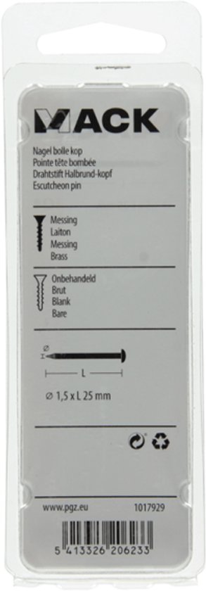 Achterzijde van Mack verpakking voor nagels met bolle kop, 1,5 x 25 mm, met technische specificaties.