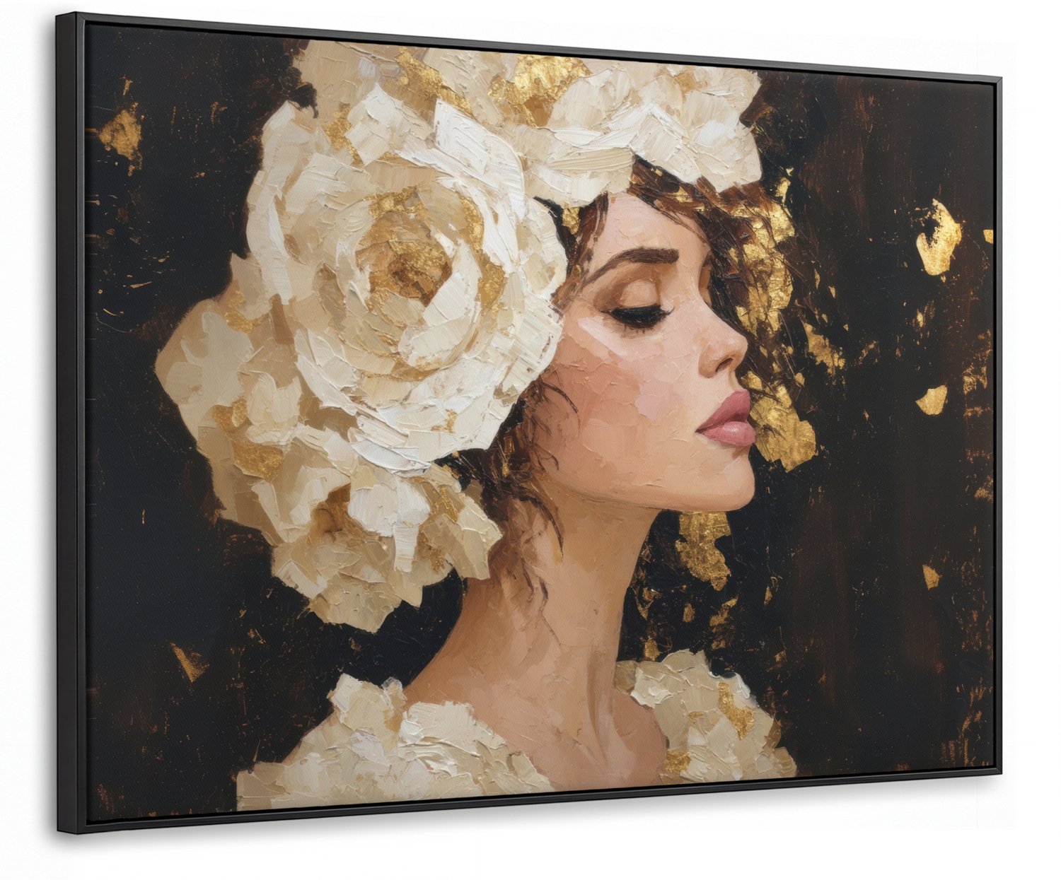 Canvas Schilderij met Baklijst 70x50cm - Abstract - Vrouw - Bloemen - Wit - Muurdecoratie woonkamer - Slaapkamer decoratie - Kamer accessoires - Schilderijen op canvas met lijst