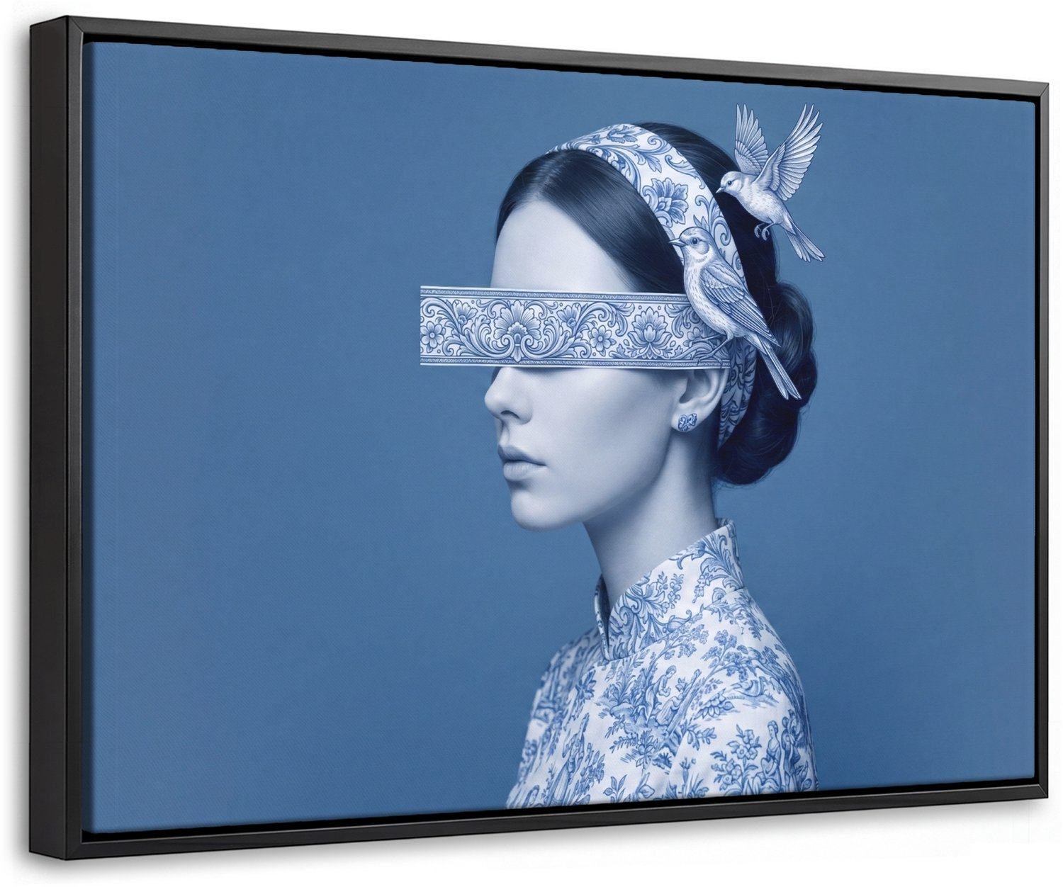 Canvas Schilderij met Baklijst 30x20cm - Portret - Klassiek - Wit - Blauw - Muurdecoratie woonkamer - Slaapkamer decoratie - Kamer accessoires - Schilderijen op canvas met lijst