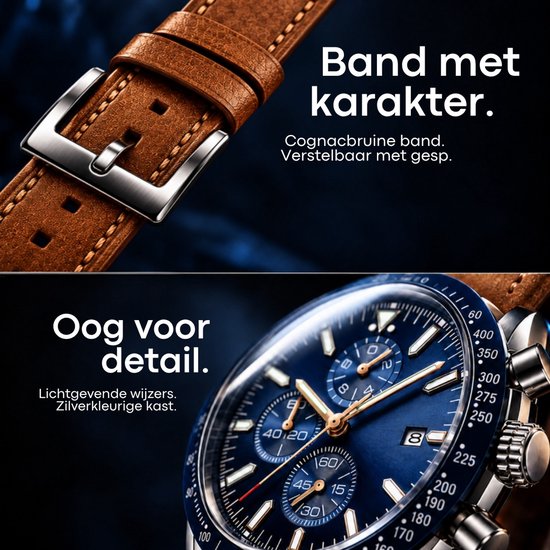 Boven: detail van de cognacbruine gespband. Onder: close-up van de zilverkleurige kast met lichtgevende wijzers.