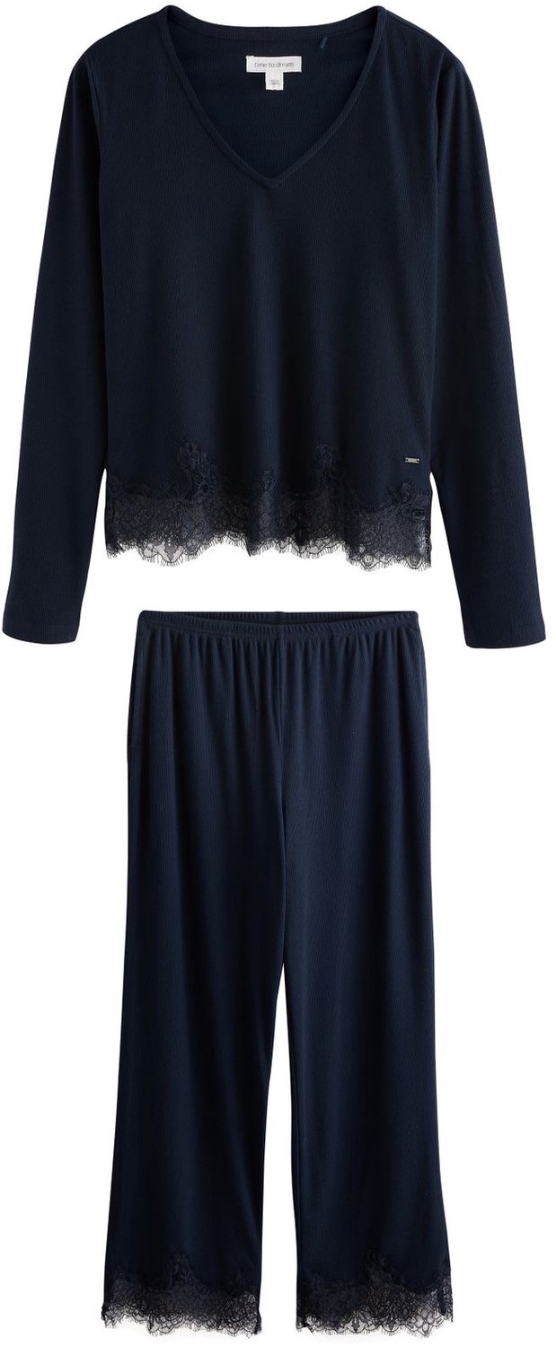Next Dames - Gezellige geribbelde pyjama met lange mouwen en kanten details - Tall - Blauw Navy