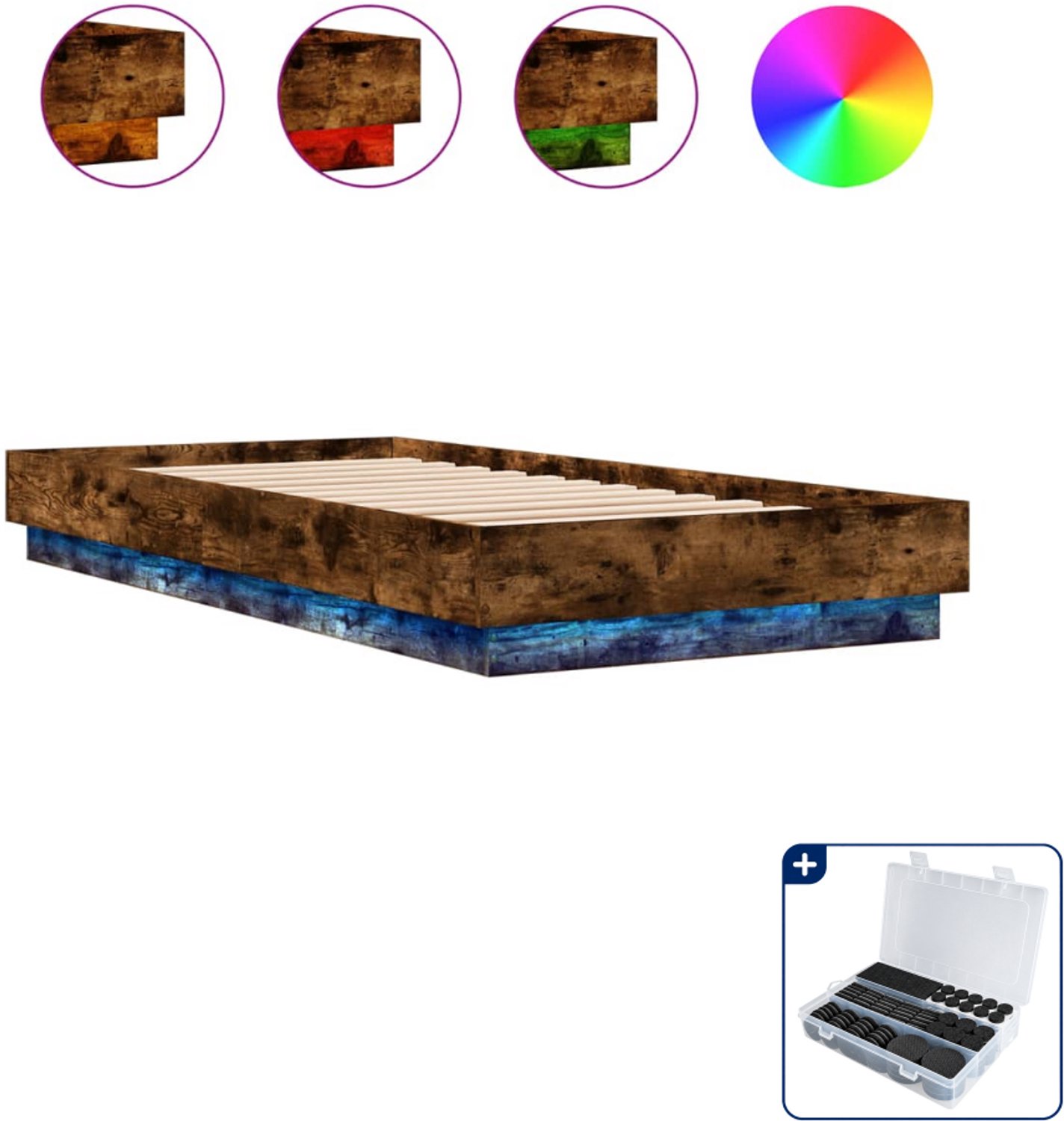 vidaXL bedframe met LED - 100 x 200 cm - bewerkt hout - gerookt eiken - Inclusief antikrasvilt 177-delig Bruin