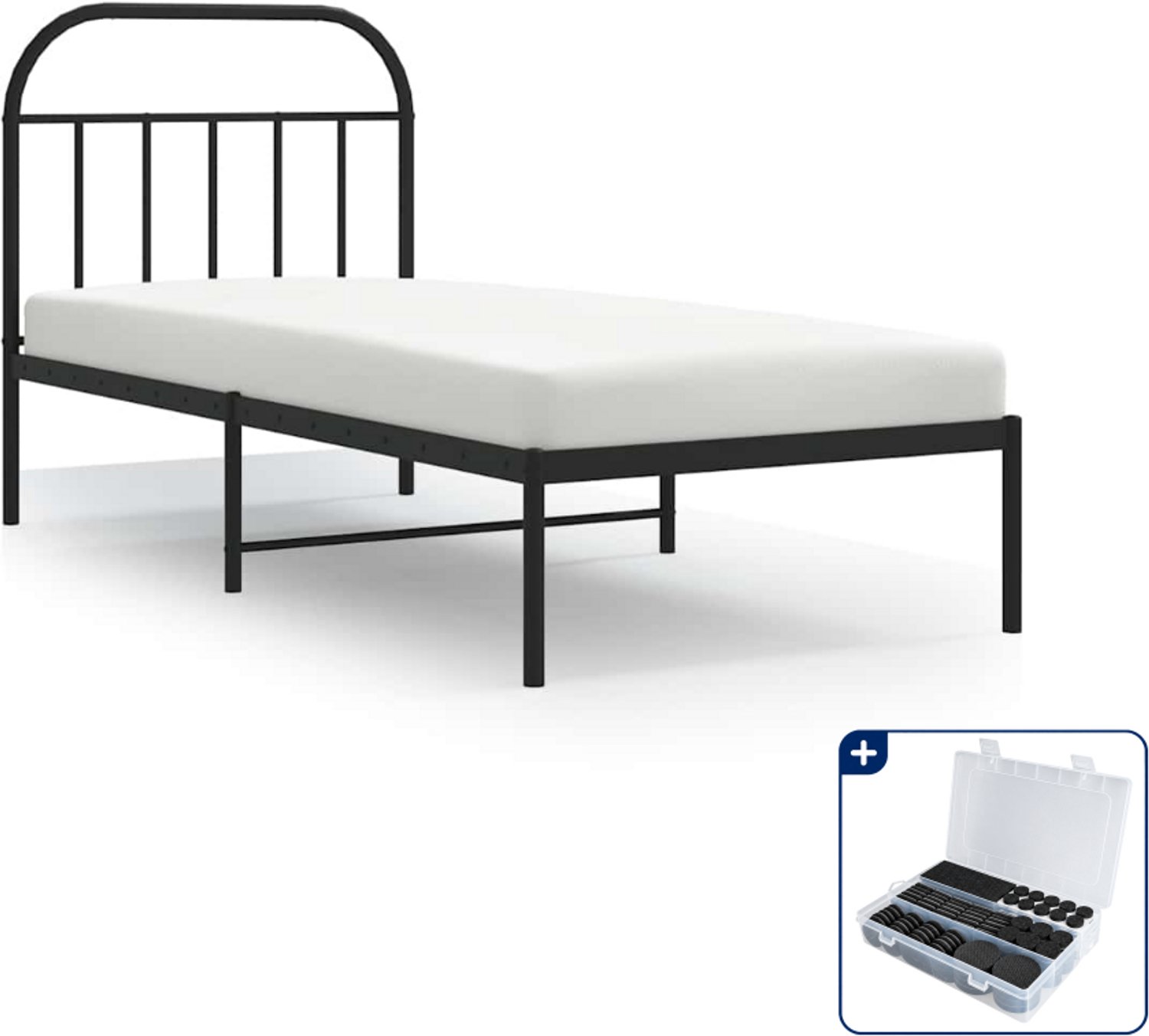 vidaXL bedframe met hoofdbord - 90 x 200 cm - staal - zwart - Inclusief antikrasvilt 177-delig