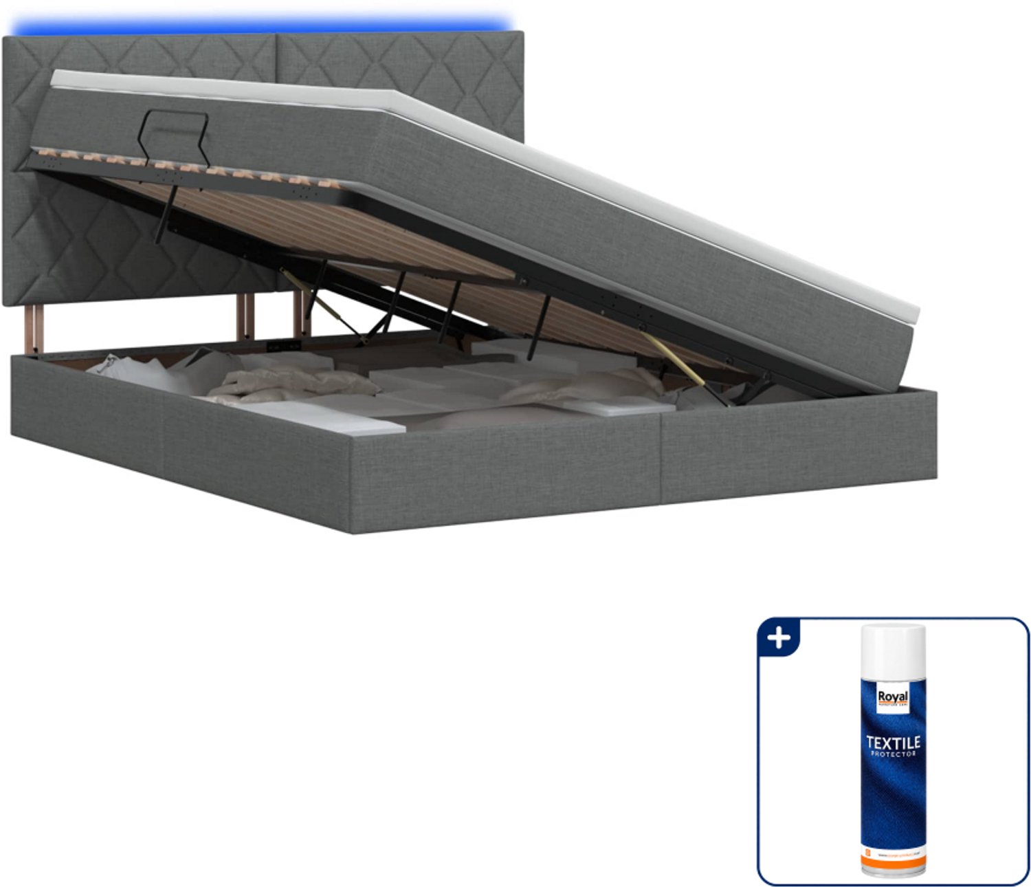 vidaXL LED opslagbed - Kingsize - 180 x 200 cm - donkergrijs - Inclusief textielbeschermer 500 ml Donker Grijn